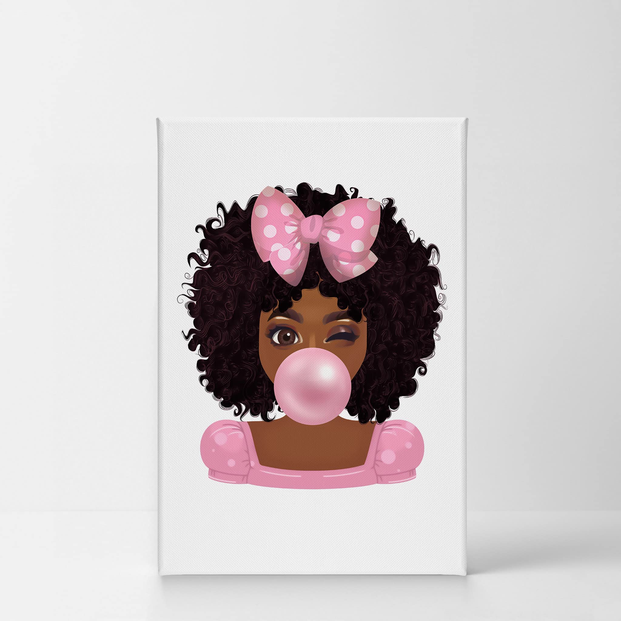 Twinkled Cute African Girl Pink Bubble Gum Canvas Wall Art Print - Afro Baby Nursery Decor with Dotted Ribbon Bow - Ready to Hang 17x11 - Perfect for Kids' Room, Bedroom & Home Decoration - Made in USA