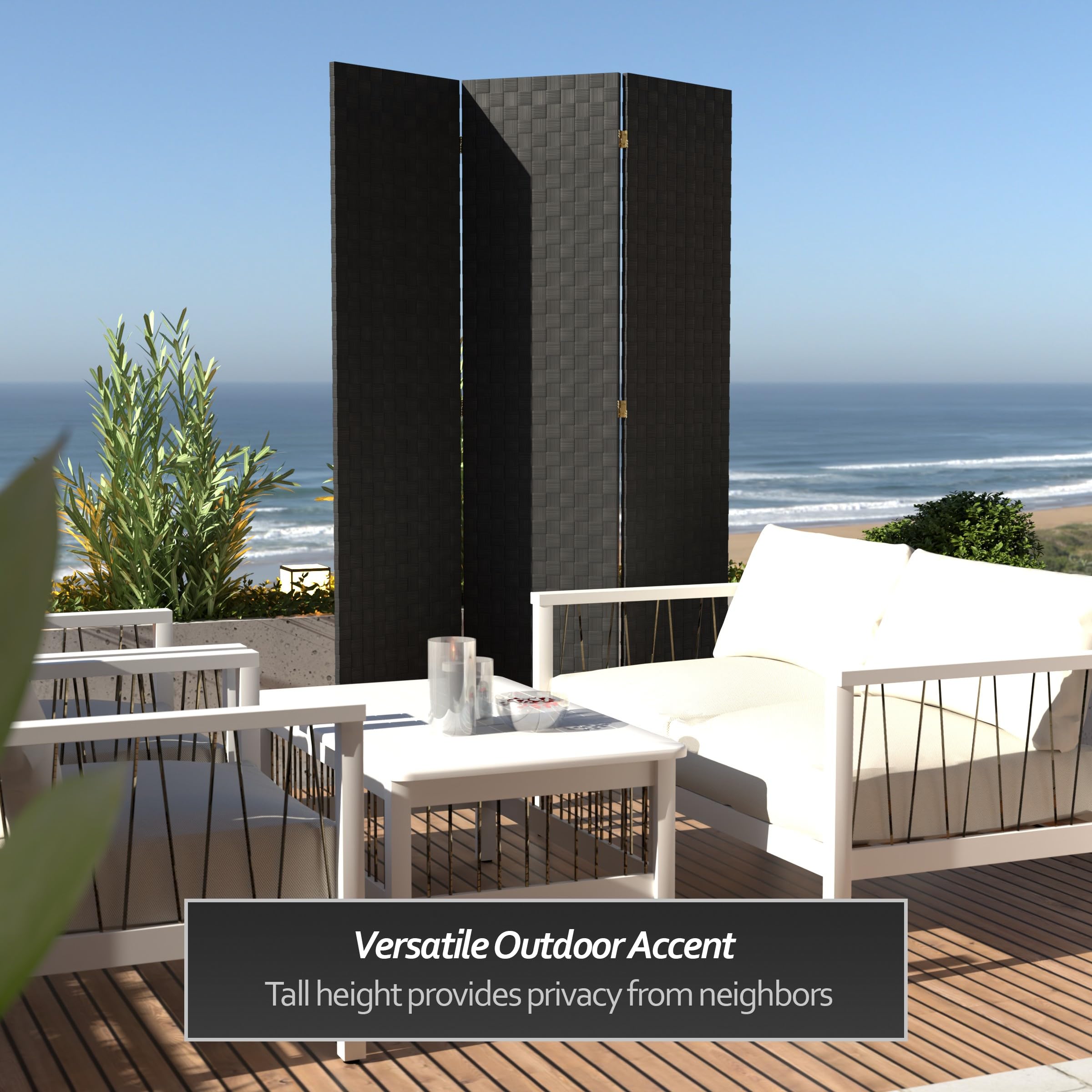 6 ft Tall Black Woven Fiber Outdoor Room Divider - All Weather 3 Panel Red Lantern Design for Patio, Garden, and Backyard Privacy