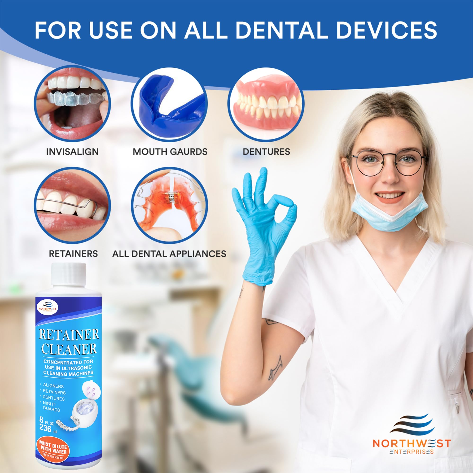 Premium Ultrasonic Retainer & Denture Cleaner Solution Concentrate (16 oz) - Removes Odor, Stains & Discoloration - Safe for Mouthguards, Invisalign, Night Guards - Ideal for Daily Dental Appliance Cleaning at Home