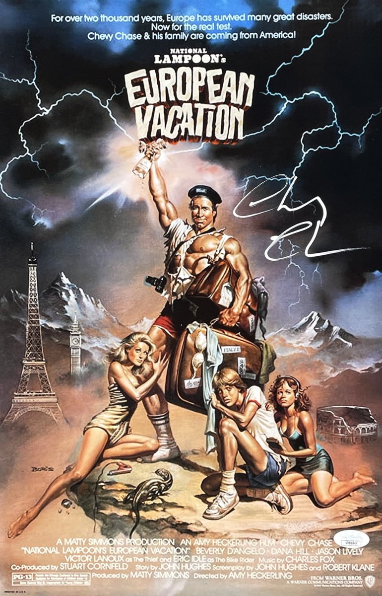 Authentic Chevy Chase Autographed National Lampoon's European Vacation 11x17 Movie Poster with JSA Certificate - Perfect for Film Memorabilia Collectors & Home Theater Decor