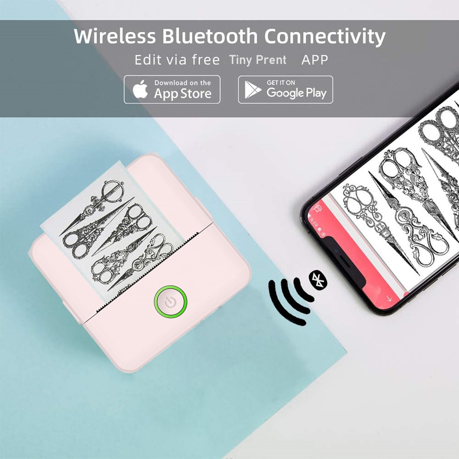 Doodle Dash Mini Bluetooth Sticker Printer - Wireless Inkless Pocket Printer for Phone & Tablet, Includes 5 Self-Adhesive Rolls - Perfect for Photos, Study Notes, Journaling & DIY Crafts (Pink)