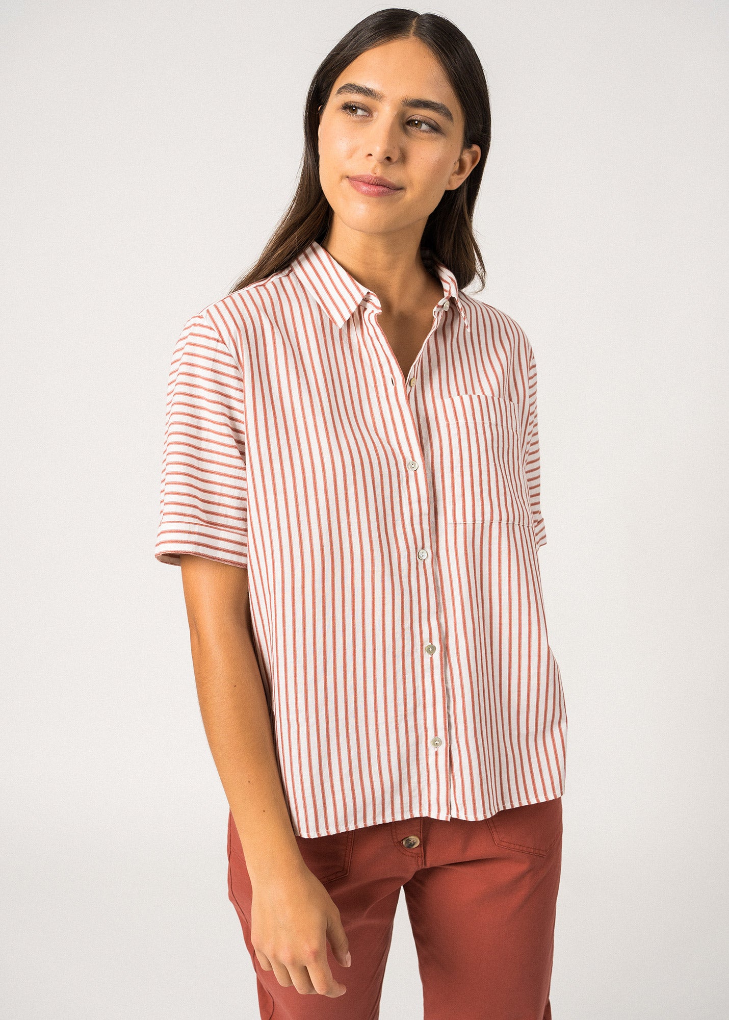 CARLA Women's Button Down Blouse with Chest Pocket - Soft Cotton Linen Blend Shirt (White/Terracotta) for Office Wear & Casual Outfits