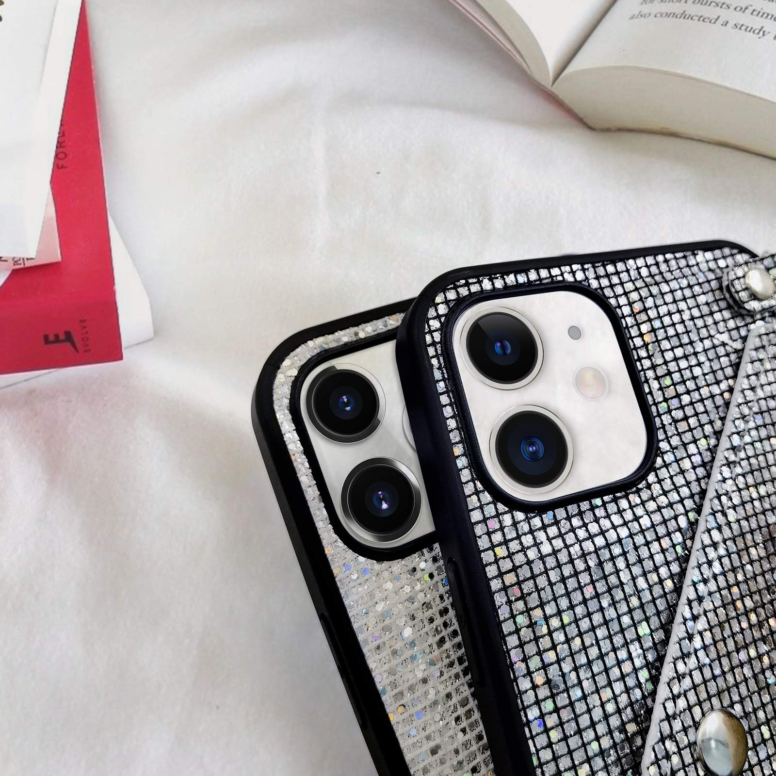 Sparkly Diamond Sequins iPhone 12 Case for Women - Glitter Bling Wallet Case with Credit Card Holder & Detachable Crossbody Chain - Hard PC Protective Back Cover with Stand Feature (Black) | Perfect for Parties, Dating & Everyday Fashion Accessory