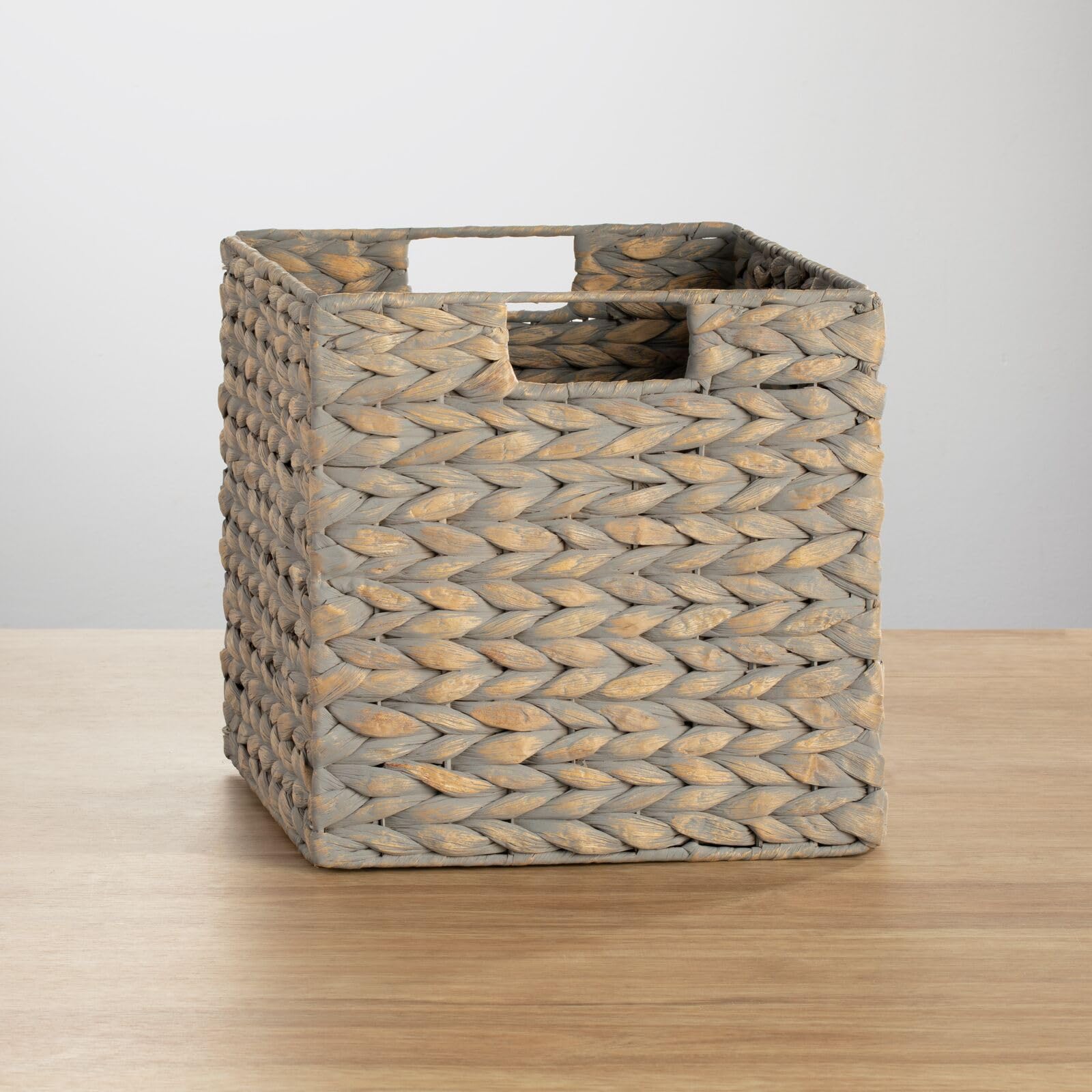 mDesign Natural Woven Hyacinth Storage Basket with Handles - 8 Pack Gray Wash Cube Organizer for Kitchen, Pantry & Cubby Units | Perfect for Snacks, Small Appliances & Home Organization