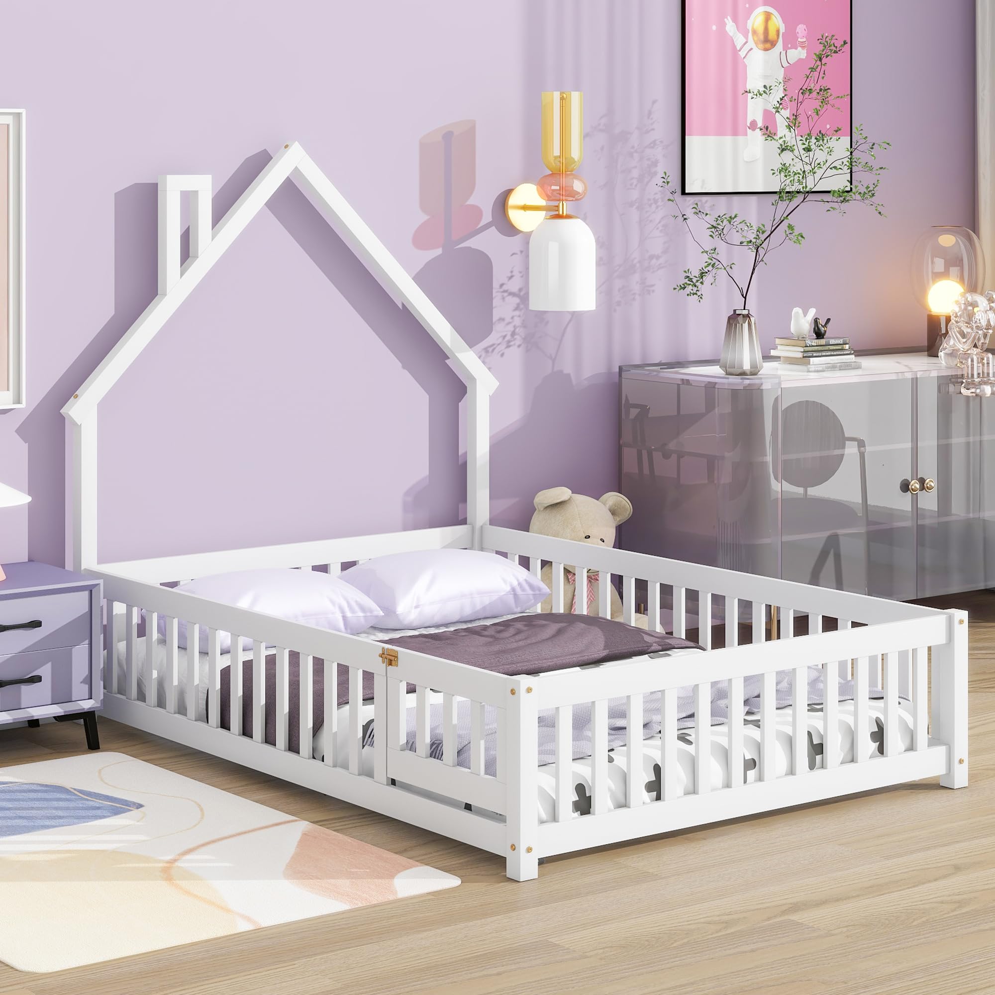 DEINPPA Full Size Kids Wooden Floor Bed with House Shaped Headboard & Door Design - Toddler Bed Frame for Boys & Girls - White - Perfect for Montessori Bedrooms & Playroom Decor