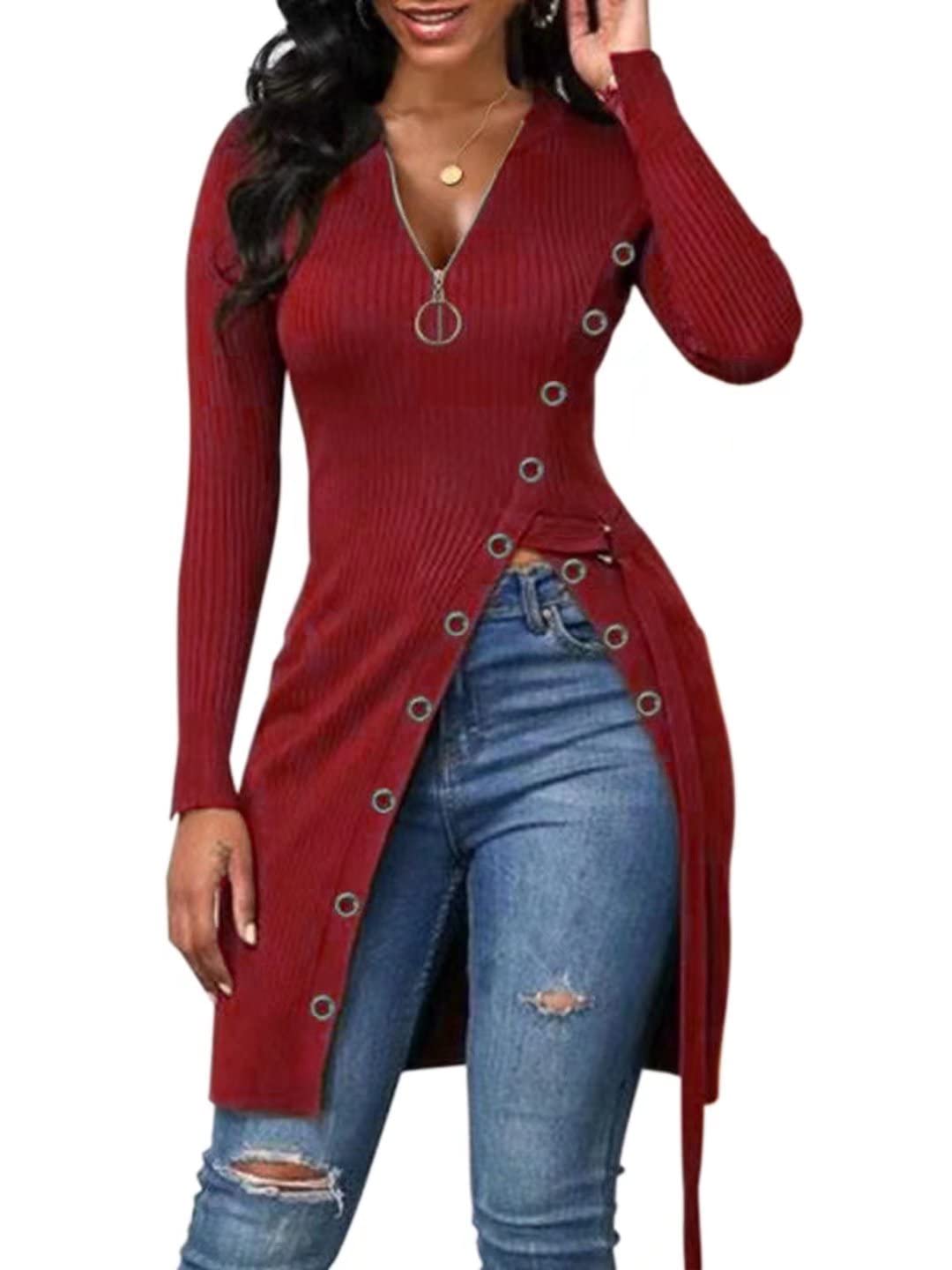 Sexy Women's V-Neck Long Sleeve Ribbed Zipper Top with Side Slit - Stretchy Bodycon Dress for Club, Date Night & Party Outfits