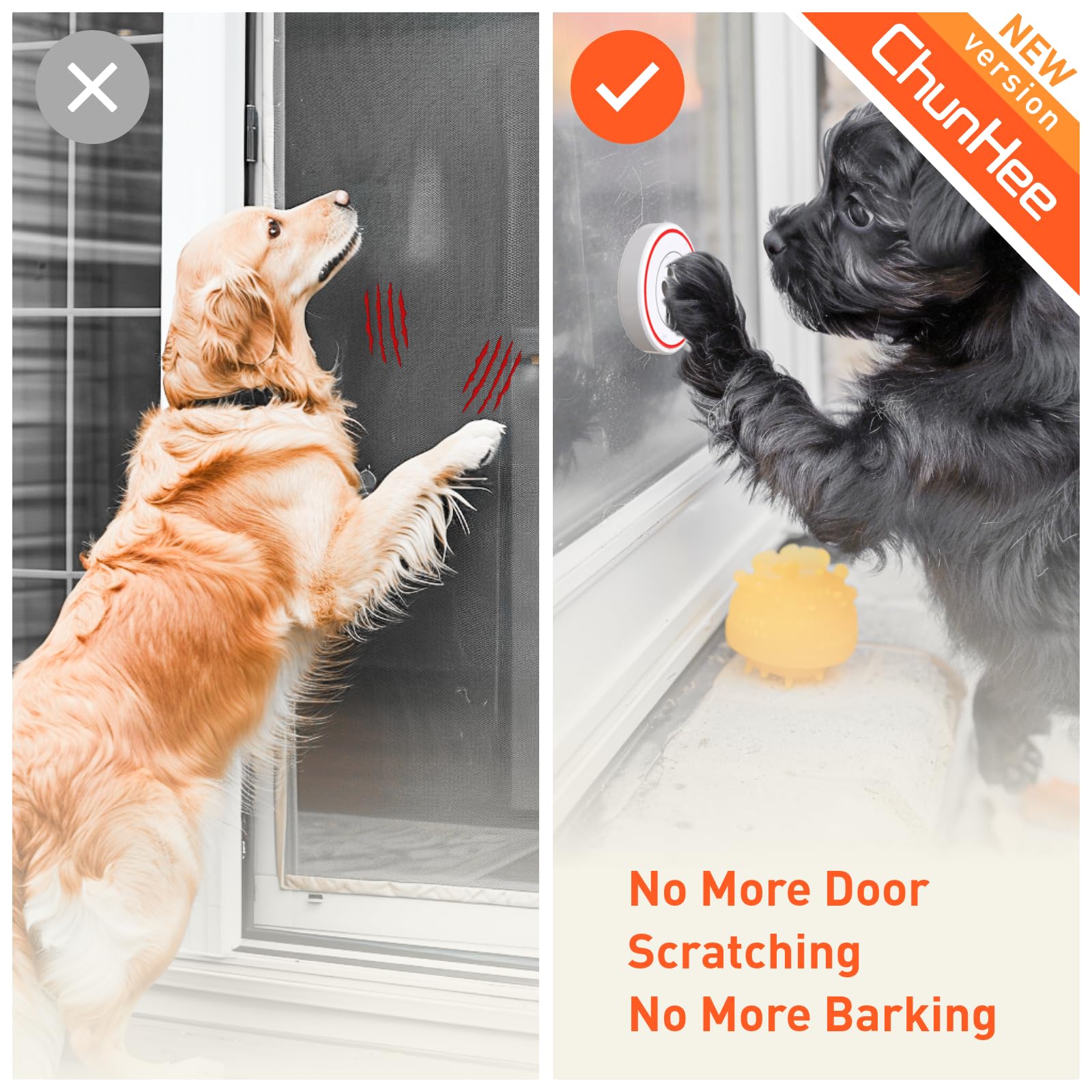 ChunHee Dog Training Bells - Adjustable 0-110db Volume with 55 Chimes, 2 Receivers & 4 Buttons for Potty Training & Outdoor Access - Perfect for Housebreaking Puppies & Teaching Dogs to Signal When They Need to Go Outside