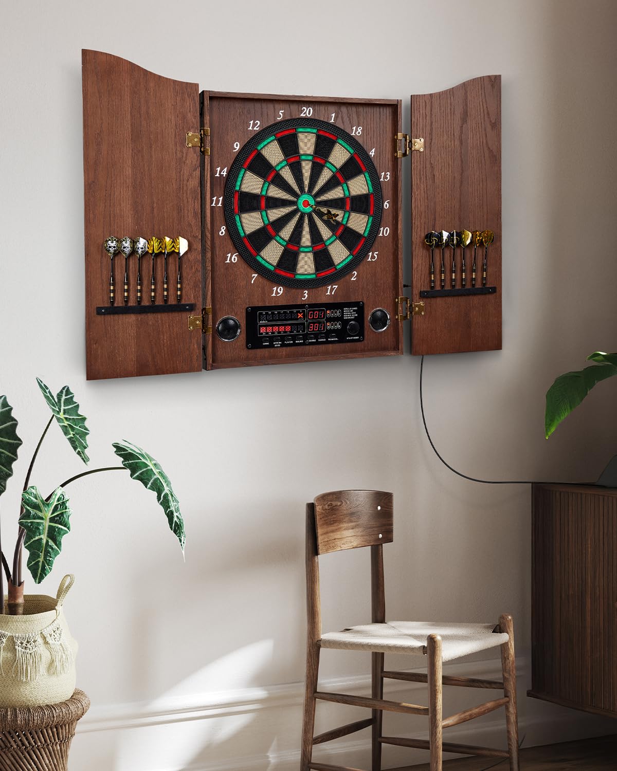 Electronic Dart Board Set for Adults - Wooden Dartboard Cabinet with 12 Bronze Soft Tip Darts & Cricket Game Mode - Perfect for Family Game Rooms, Man Caves & Bars