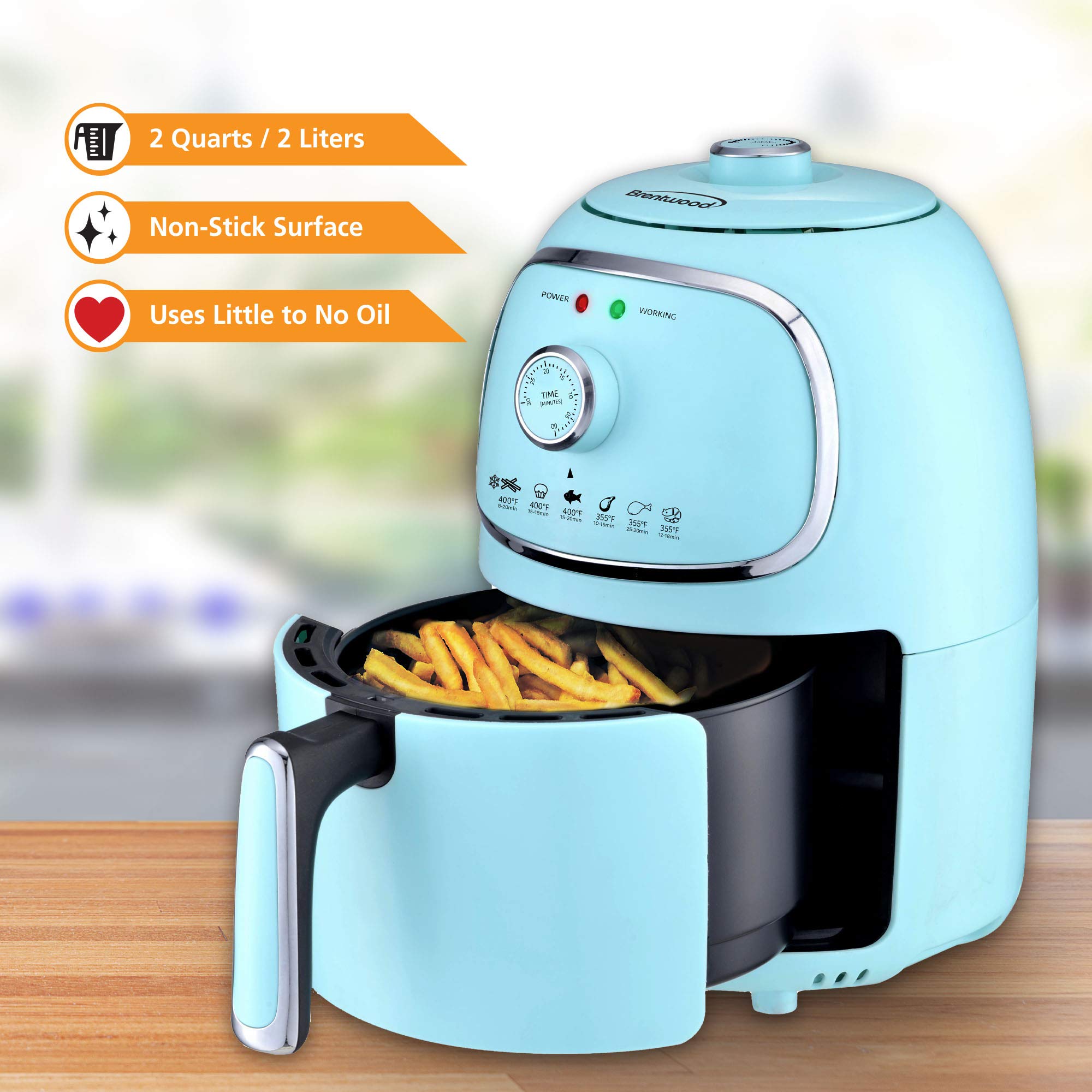 Brentwood AF-202BL 2-Quart 1200W Electric Air Fryer with Digital Timer & Adjustable Temperature - Blue - Healthy Oil-Free Cooking for French Fries, Chicken Wings & Vegetables