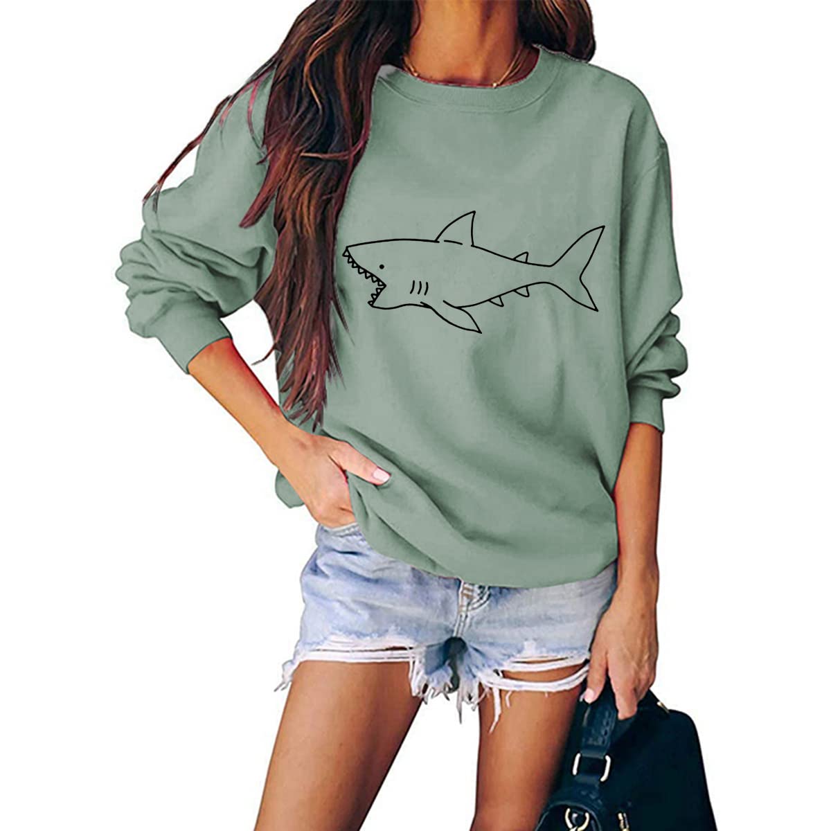 DENIUHOP Women's Cute Shark Graphic Sweatshirt - Fashion Long Sleeve Crewneck Pullover, Casual Loose Fit Teen Girls Hoodie | Perfect Gift for Birthday, Christmas & Everyday Wear