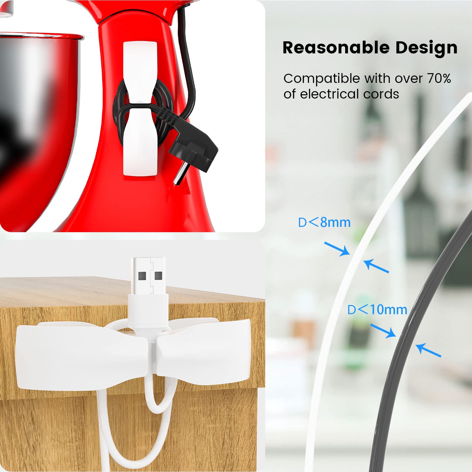 Self-Adhesive Cable Organizer Clips - Cord Management for Kitchen Appliances (Mixer, Fryer, Coffee Maker, Rice Cooker) | Cable Wraps & Holders for Neat Countertop Organization - Pink