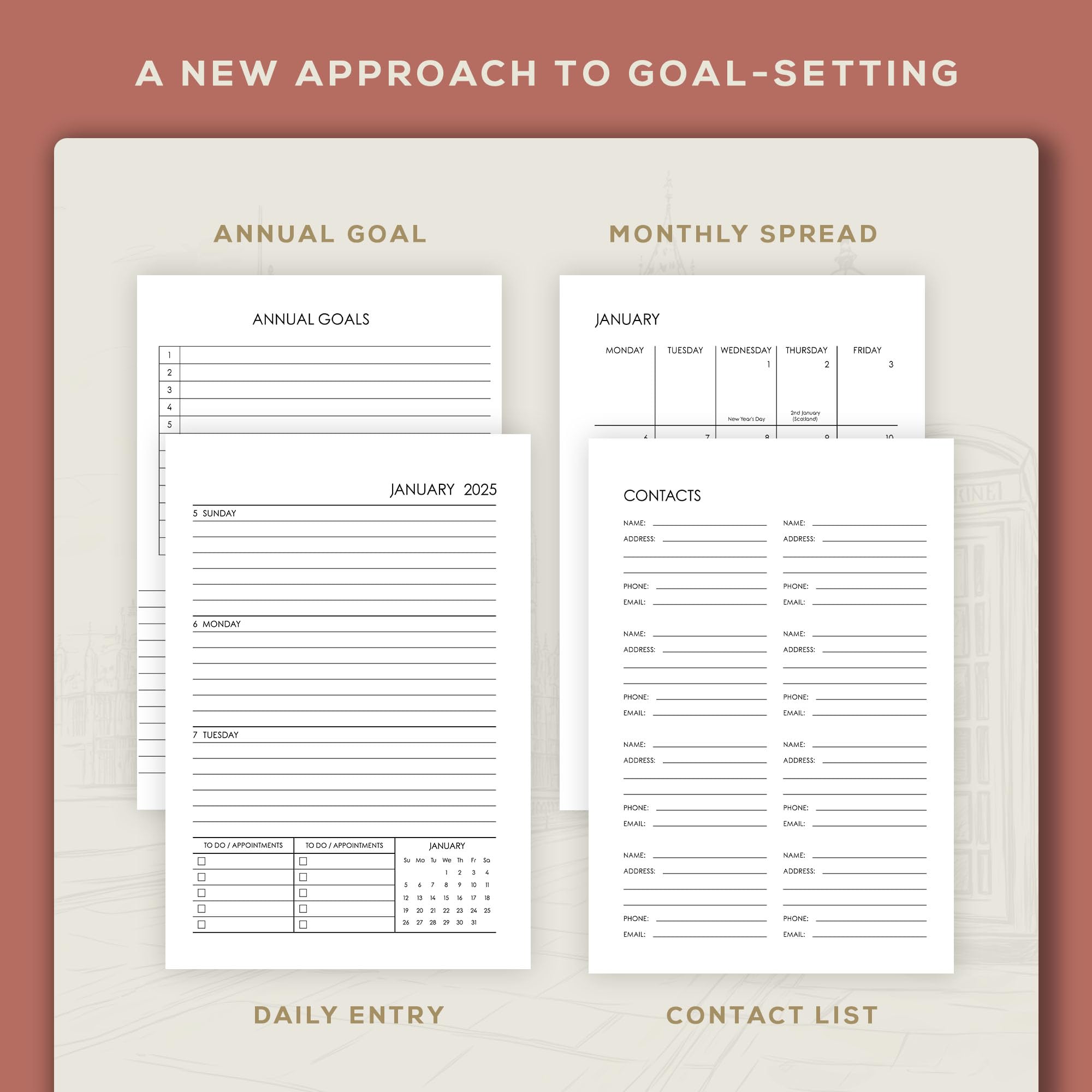 Beechmore Books 2025 Planner - A5 Size, Rose Vegan Leather Hardcover Journal | 120gsm Thick Paper, Year & Month View, Goal Setting & Appointment Sections | Perfect for Daily Planning, Work Organization & Gift Giving