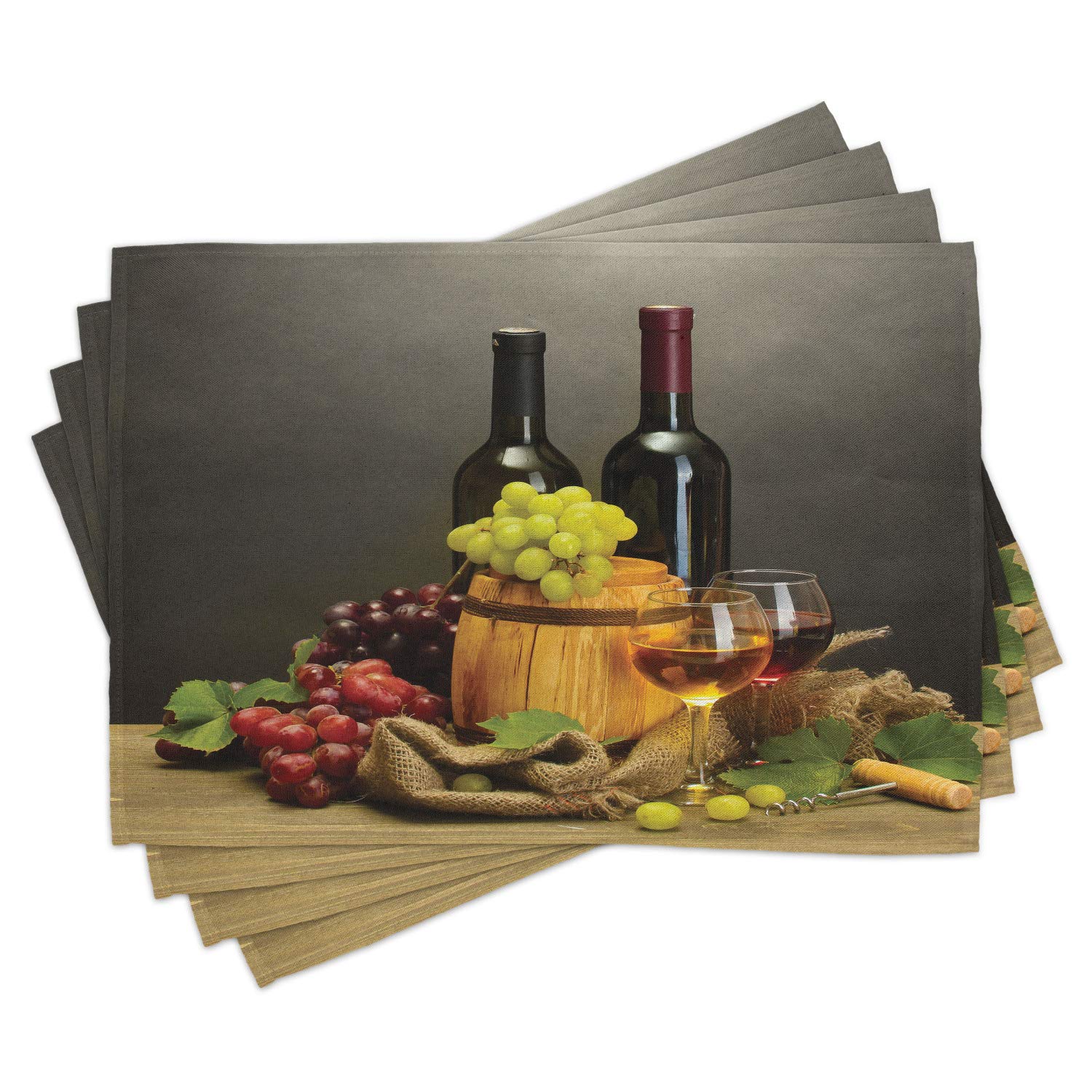 Ambesonne Winery Place Mats Set of 4 - Wine Bottle & Grape Design Washable Fabric Placemats for Dining Table - Standard Size Grey Taupe - Perfect for Dinner Parties, Wine Tasting Events & Home Decor