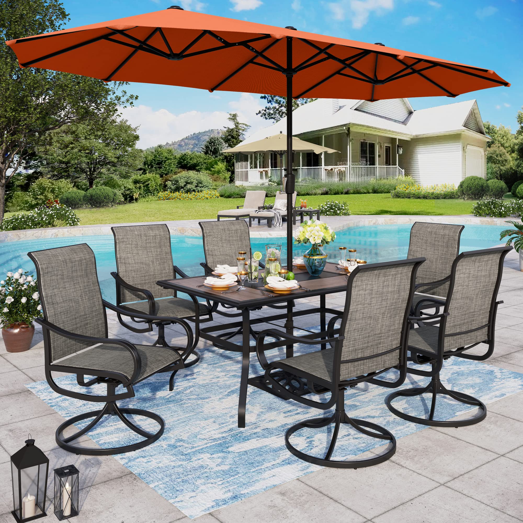 8-Piece Outdoor Dining Set for 6 with 13ft Double-Sided Patio Umbrella - Red Swivel Chairs & Wood-Like Table - Perfect for Garden, Backyard, and Poolside Entertaining
