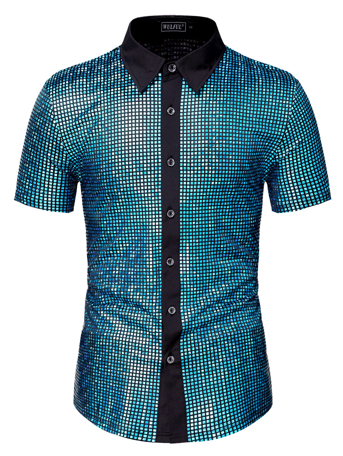 WULFUL Men's Disco Shirt with Sequins - 70s Vintage Short Sleeve Button Down Shirt for Costume Parties, Nightclub Outfits & Themed Events