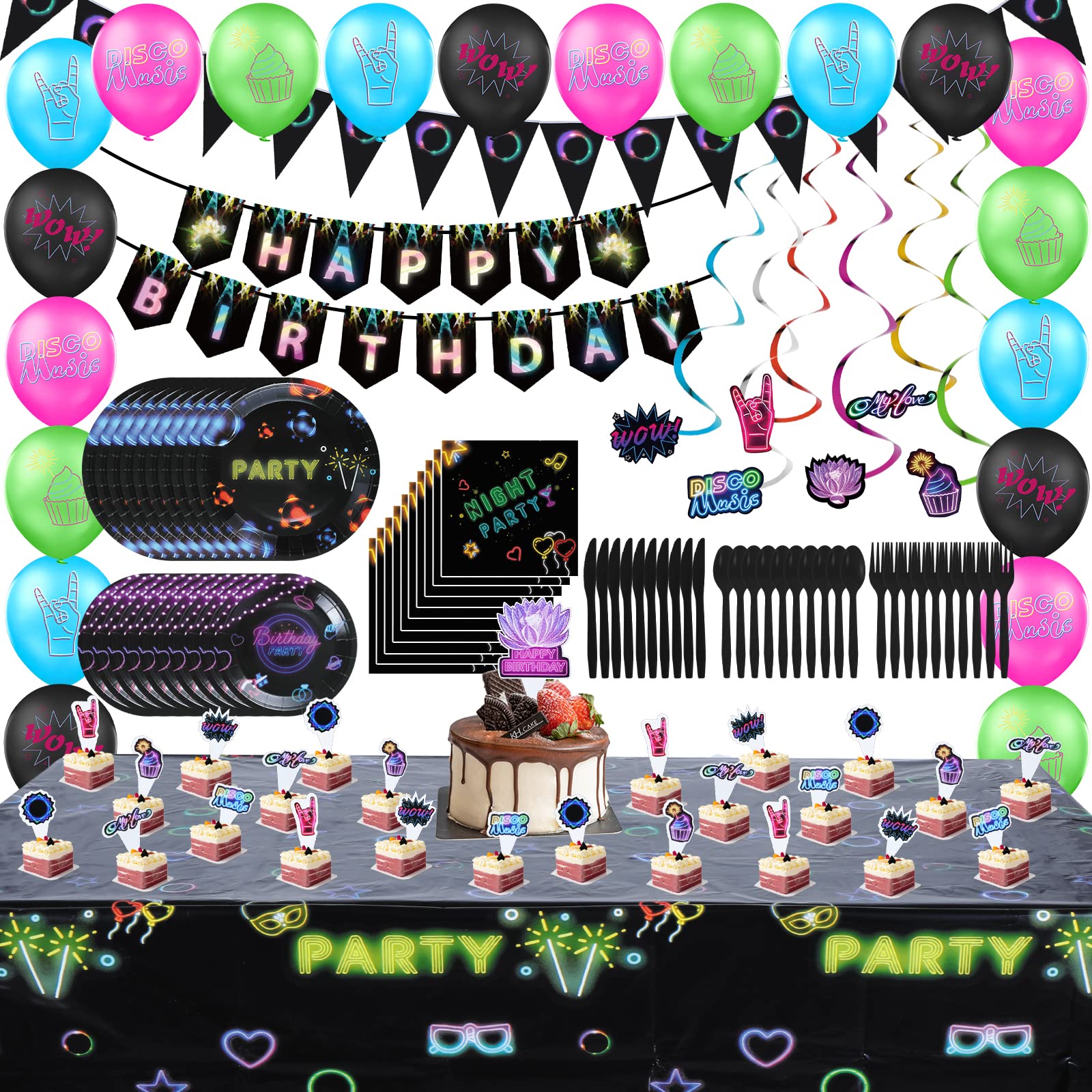 123Pcs Glow in The Dark Party Supplies Set - Plates, Napkins, Cutlery, Tablecloth & Balloons for Neon Birthday Party Decorations | Perfect for Glow Party, Rave Events & Kids Birthday Celebrations