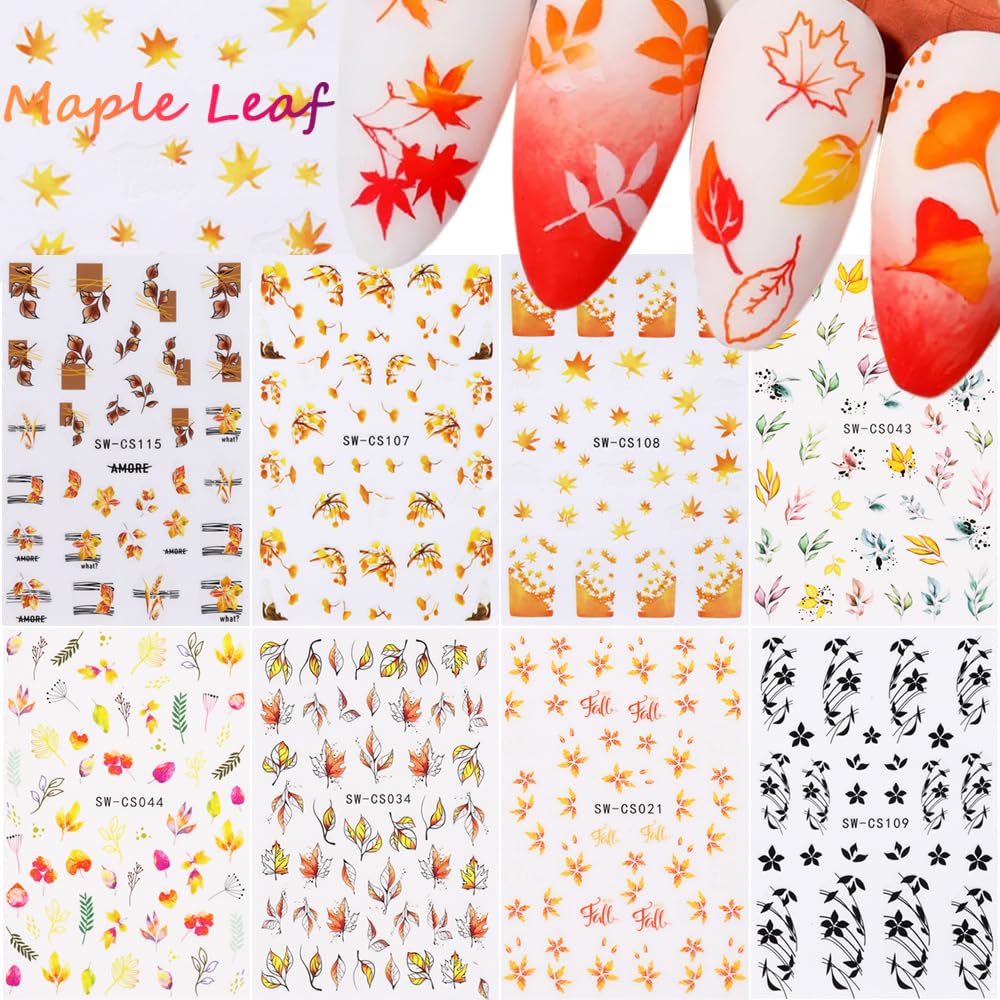 **Fall Nail Stickers - 8 Sheets Autumn Nail Decals with 3D Self-Adhesive Maple Leaf, Ginkgo & Gold Yellow Leaves - Acrylic Nail Art Designs for Women, Girls & Kids - Perfect for Thanksgiving, Halloween & Seasonal Manicures**