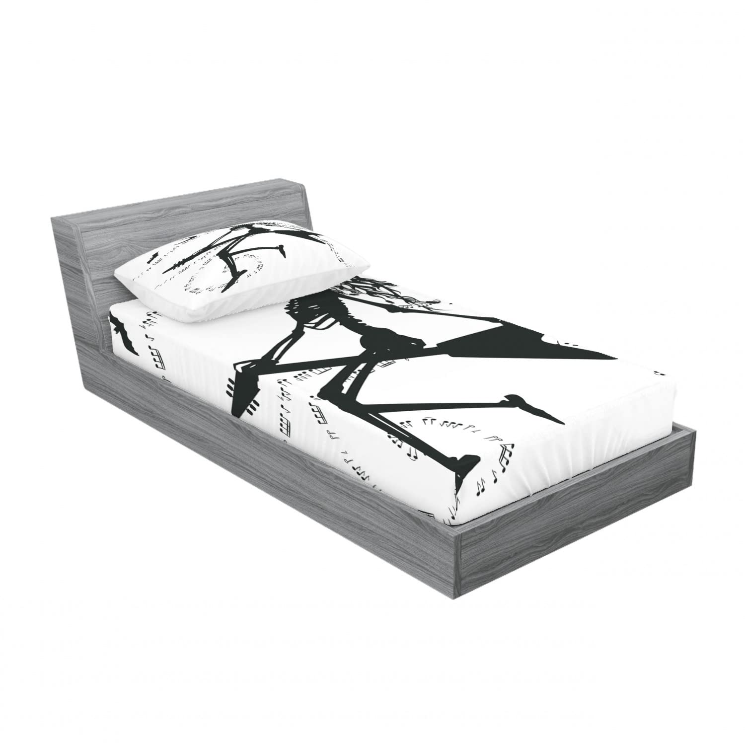 Ambesonne Music Themed 2-Pack Twin XL Fitted Sheet & Pillow Sham Set - Witch Playing Guitar Design (Black & White) | 4-Piece Bedding Decor for Dorm Rooms, Guest Beds & Music Lovers