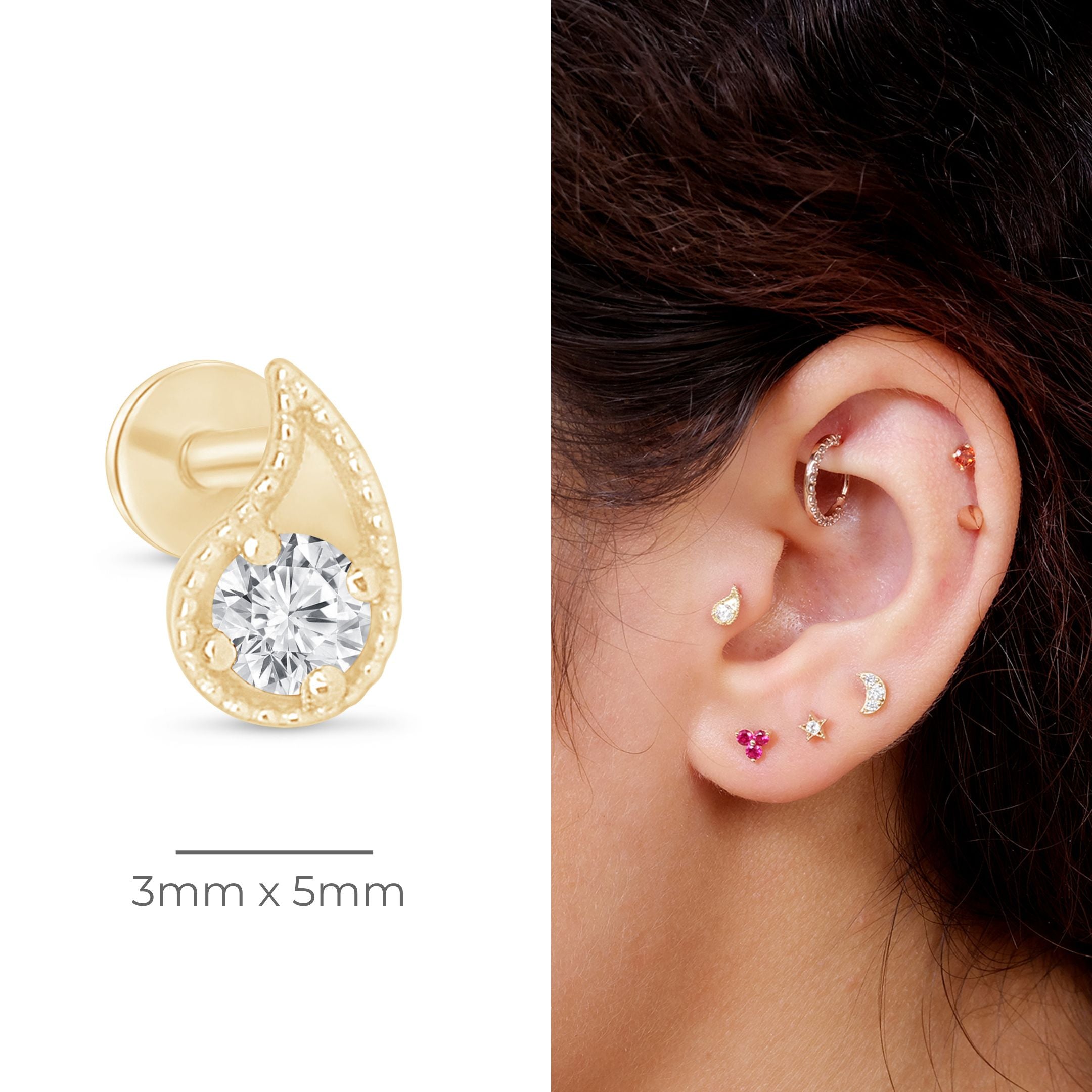 14K Solid Yellow Gold Diamond Paisley Flat Back Stud Earrings with Milgrain Detailing - Perfect for Weddings, Parties & Everyday Elegance
