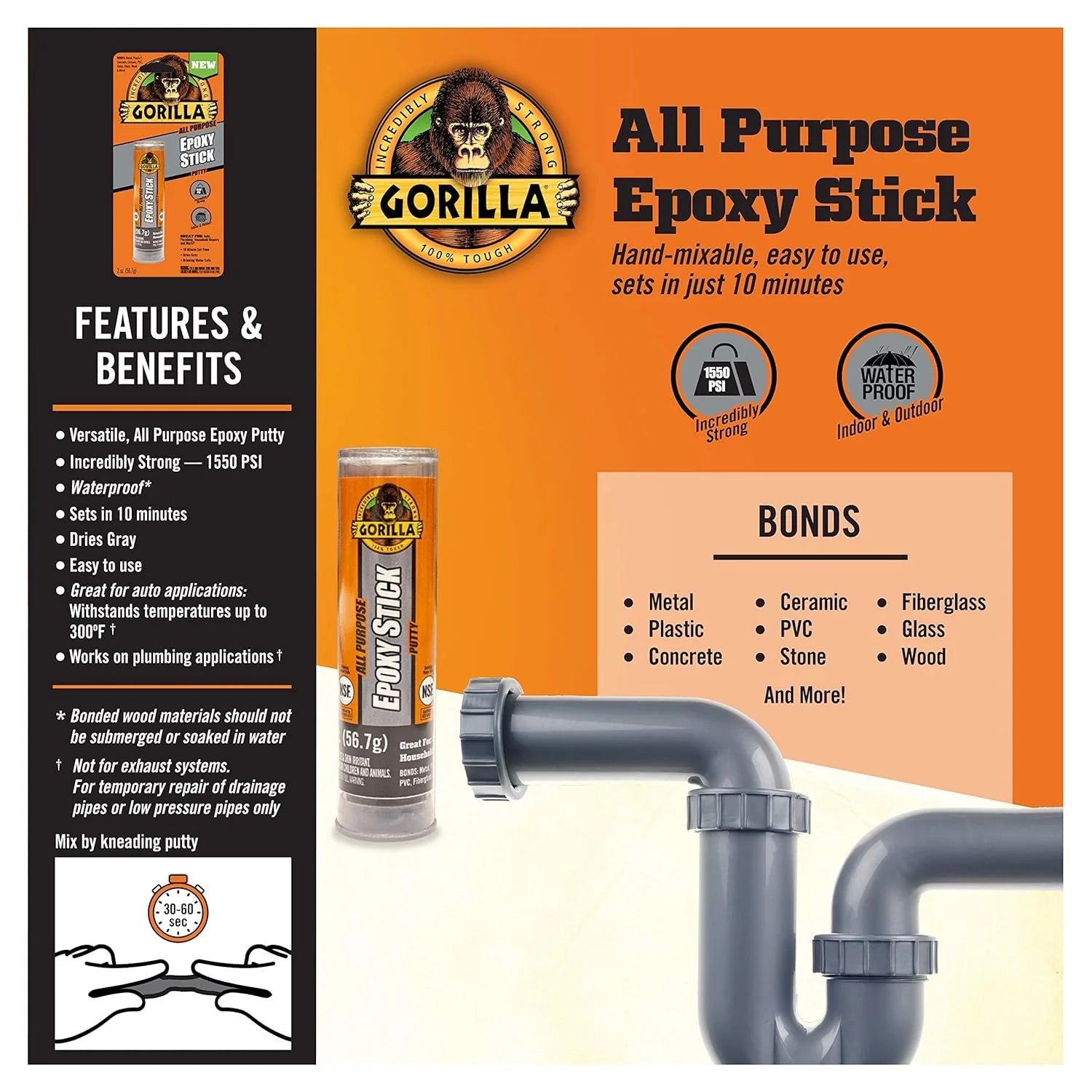 Gorilla 2 Ounce All Purpose Epoxy Putty Stick - Strong Adhesive for Metal, Wood, Ceramic & More - Dries Gray - Perfect for Home Repairs, DIY Projects & Crafting