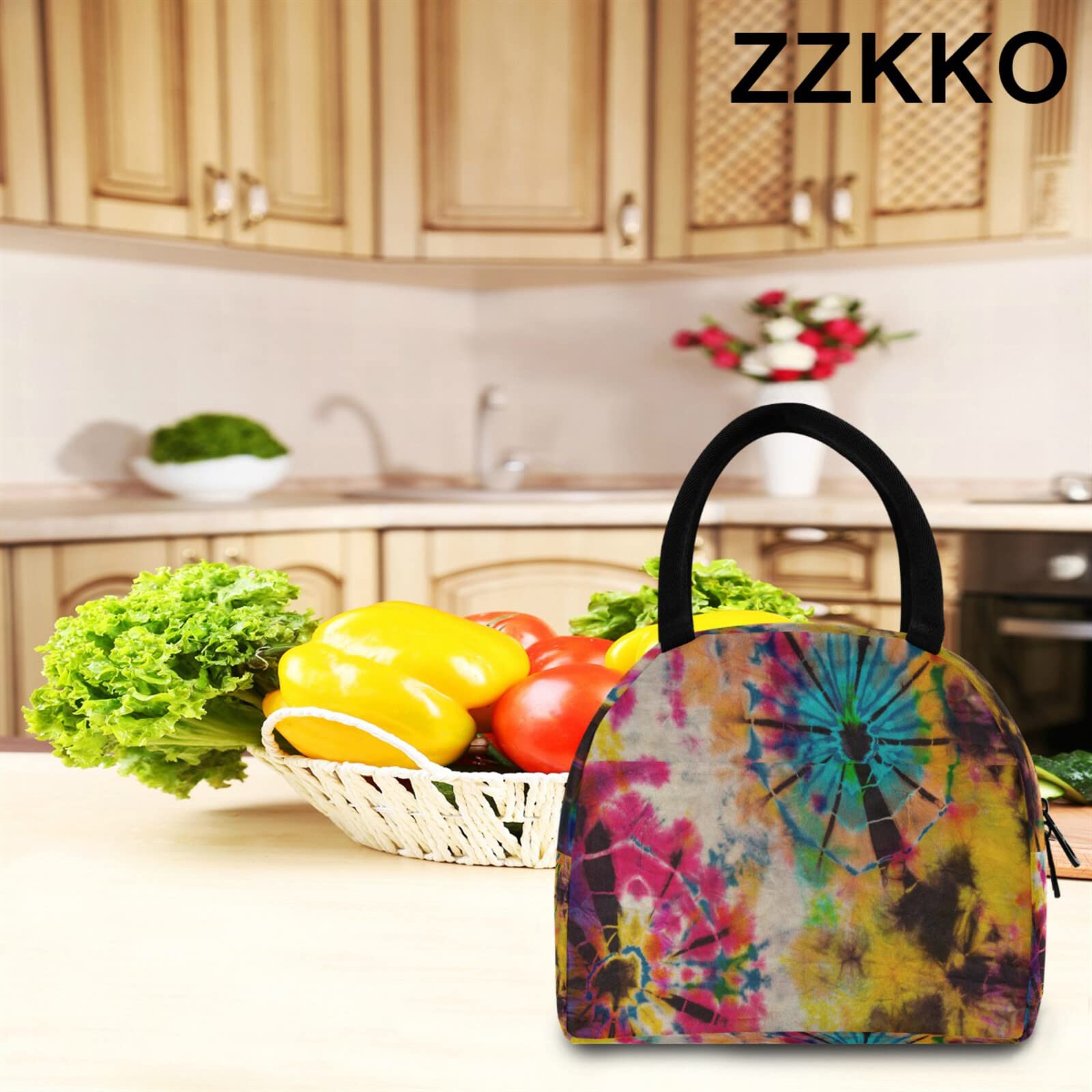 ZZKKO Insulated Tie Dye Lunch Bag with Zipper - Reusable Meal Prep Cooler Tote for Women & Men - Perfect for School, Office, Picnics & Outdoor Activities