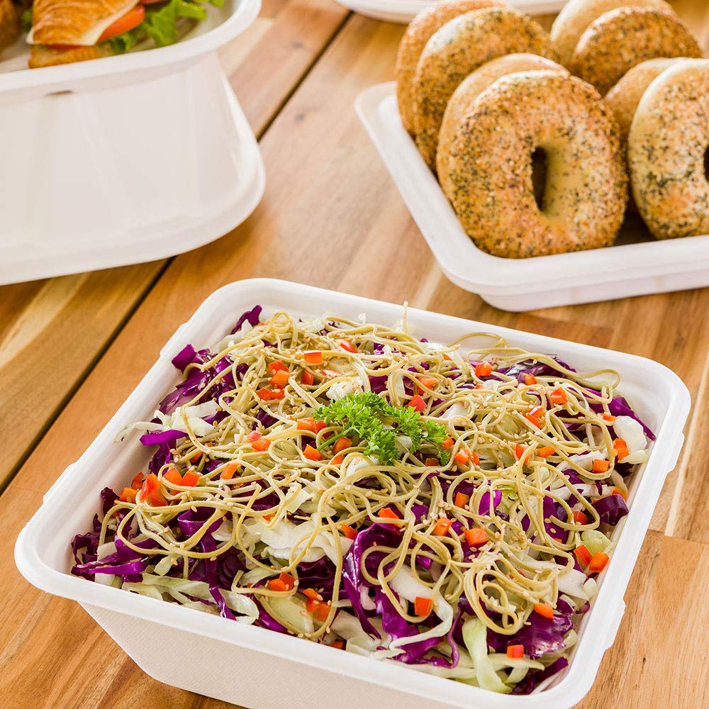 Eco-Friendly 128oz Square Pulp Bowls - 100-Pack PFAS-Free Disposable Bowls | Home Compostable Bagasse Bowls | Microwave & Freezer Safe for Hot/Cold Foods | Perfect for Restaurants, Catering & Takeout Meals