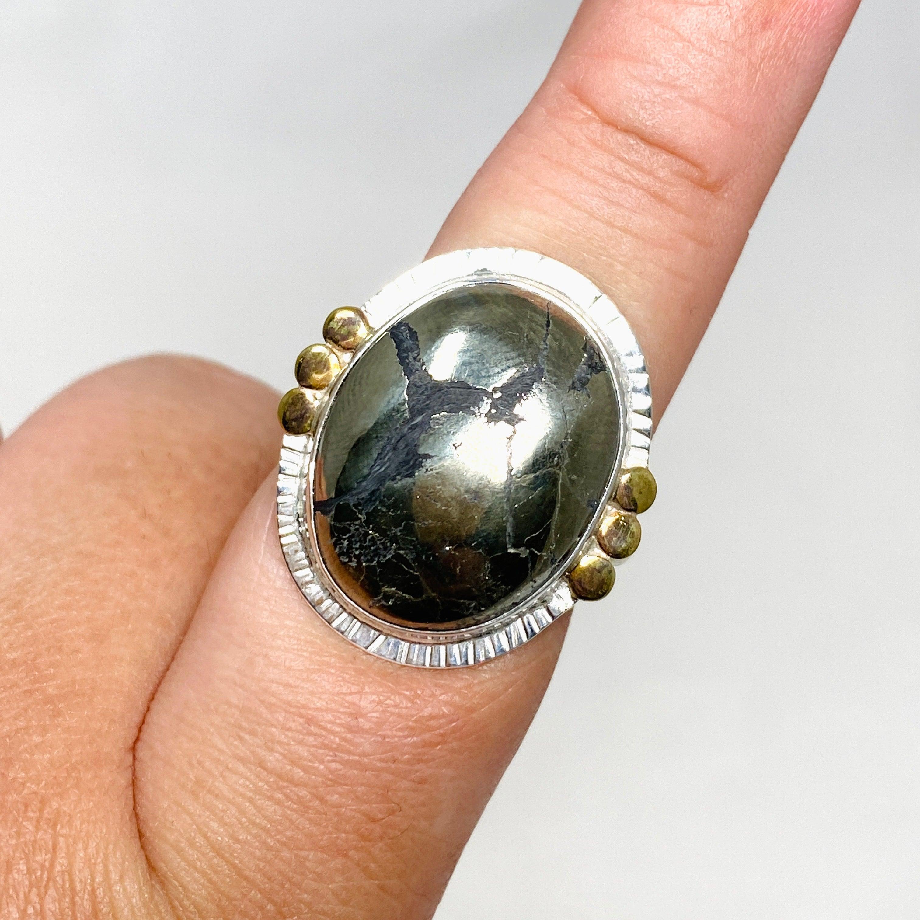 Healer's Gold Oval Ring with Brass Accents - Size 9 KRGJ3195 - Perfect for Spiritual Healing, Meditation & Boho Fashion