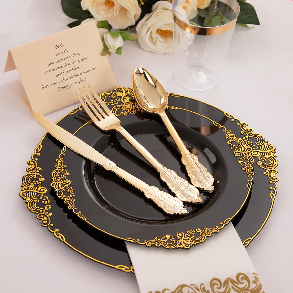 Hioasis 350-Piece Black and Gold Plastic Dinnerware Set - 50 10.25