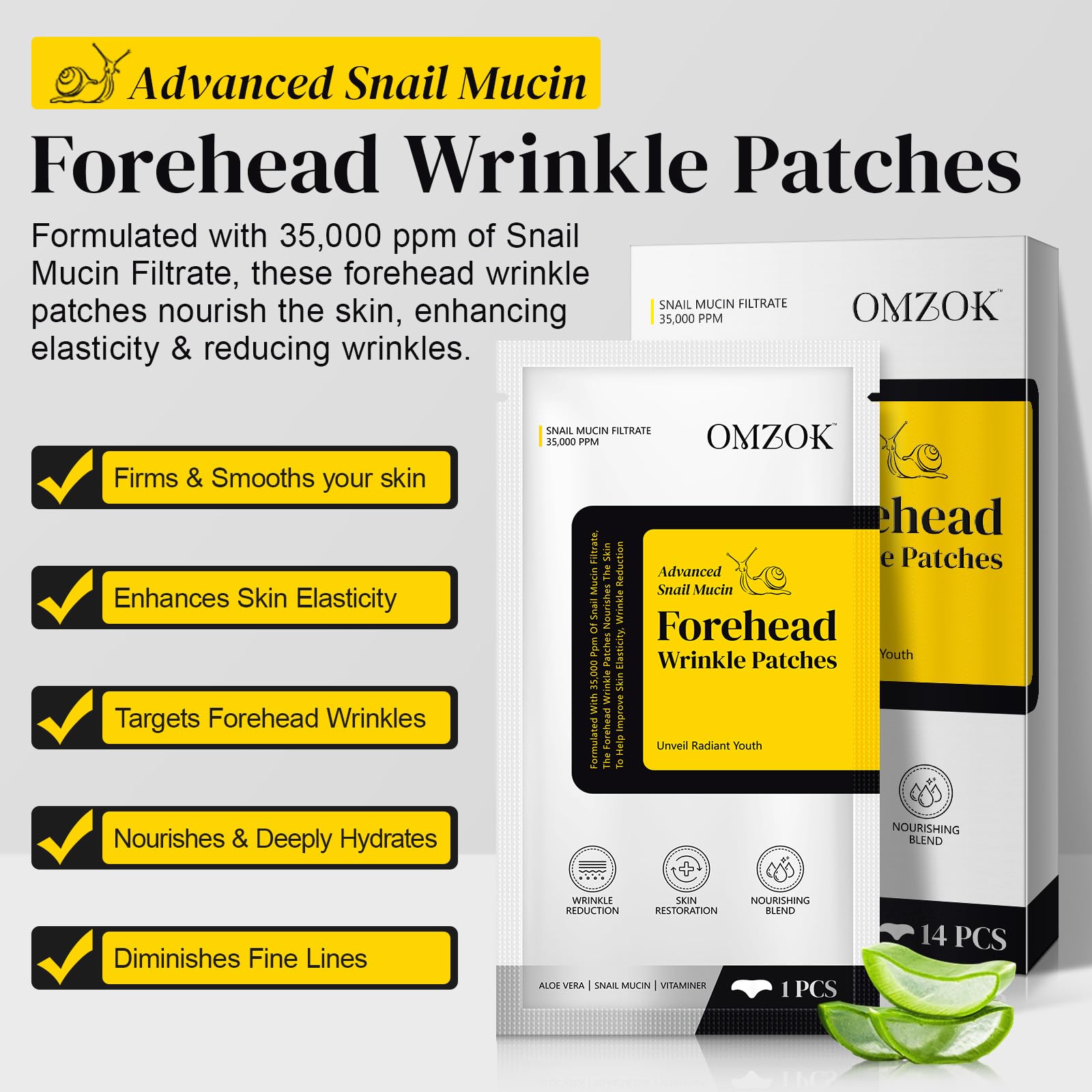 Snail Mucin Forehead Wrinkle Patches with Collagen & Aloe - Anti-Aging Treatment for Fine Lines & Wrinkles - Overnight Use - 14 Count - Perfect for Nighttime Skincare Routine & Special Occasion Prep