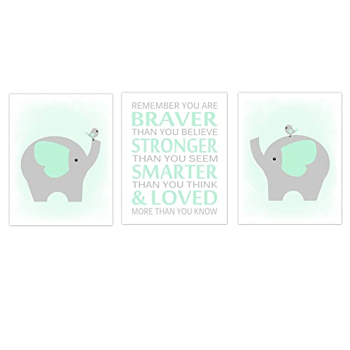 Brave Elephant Nursery Art Prints - Mint Green Decor for Baby Room