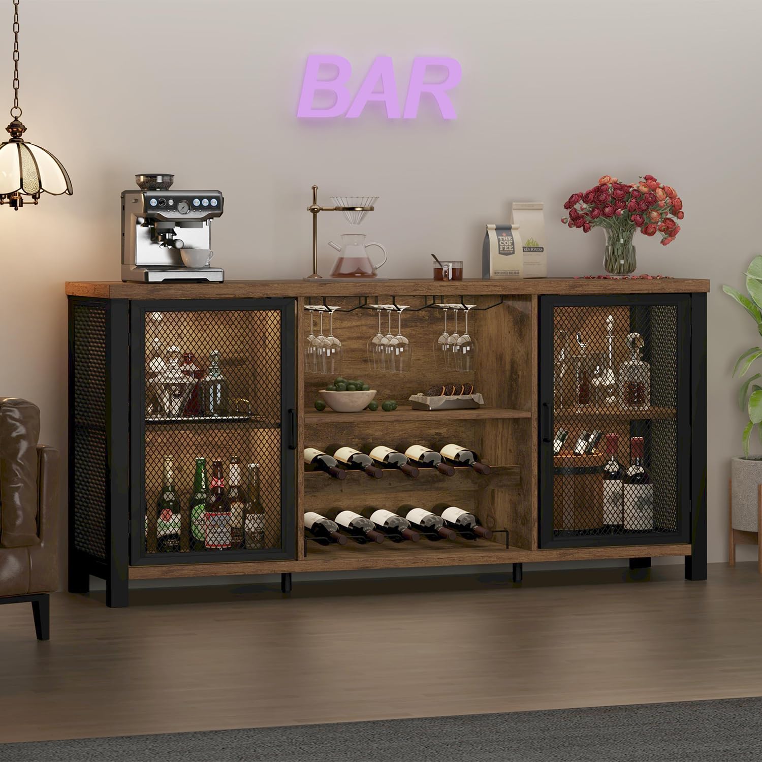 Industrial Coffee & Wine Bar Cabinet - 55 Inch Rustic Brown Wood Metal Sideboard Buffet for Liquor, Glasses & Storage | Perfect for Home Kitchen, Dining Room & Entertaining Guests