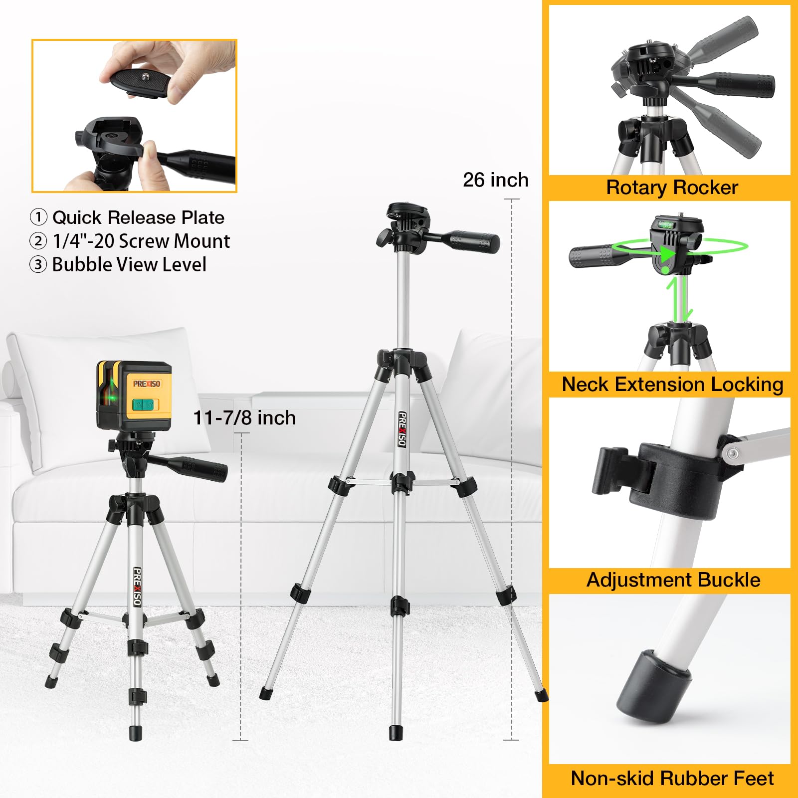 PREXISO Self-Leveling Green Laser Level with Tripod - 100Ft Dual Modules Cross Line Laser Leveler for Floor Tile Installation, Home Renovation & Construction - Includes 26in Tripod & 2 AA Batteries (Perfect for Wall Alignment, Cabinet Hanging & DIY Projects)