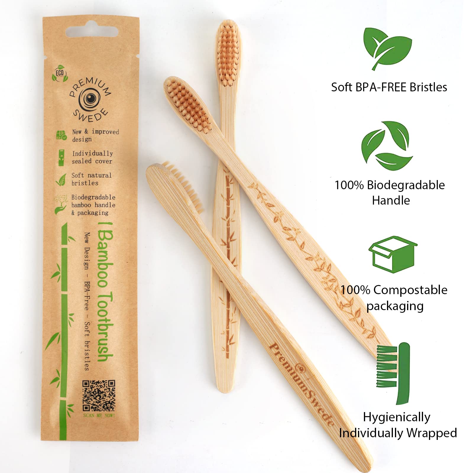 Eco-Friendly Bamboo Toothbrushes for Adults - 8 Pack Soft Bristles, Biodegradable & Individually Wrapped - Natural Wooden Toothbrush for Sensitive Teeth - Perfect for Travel, Home & Zero Waste Lifestyle