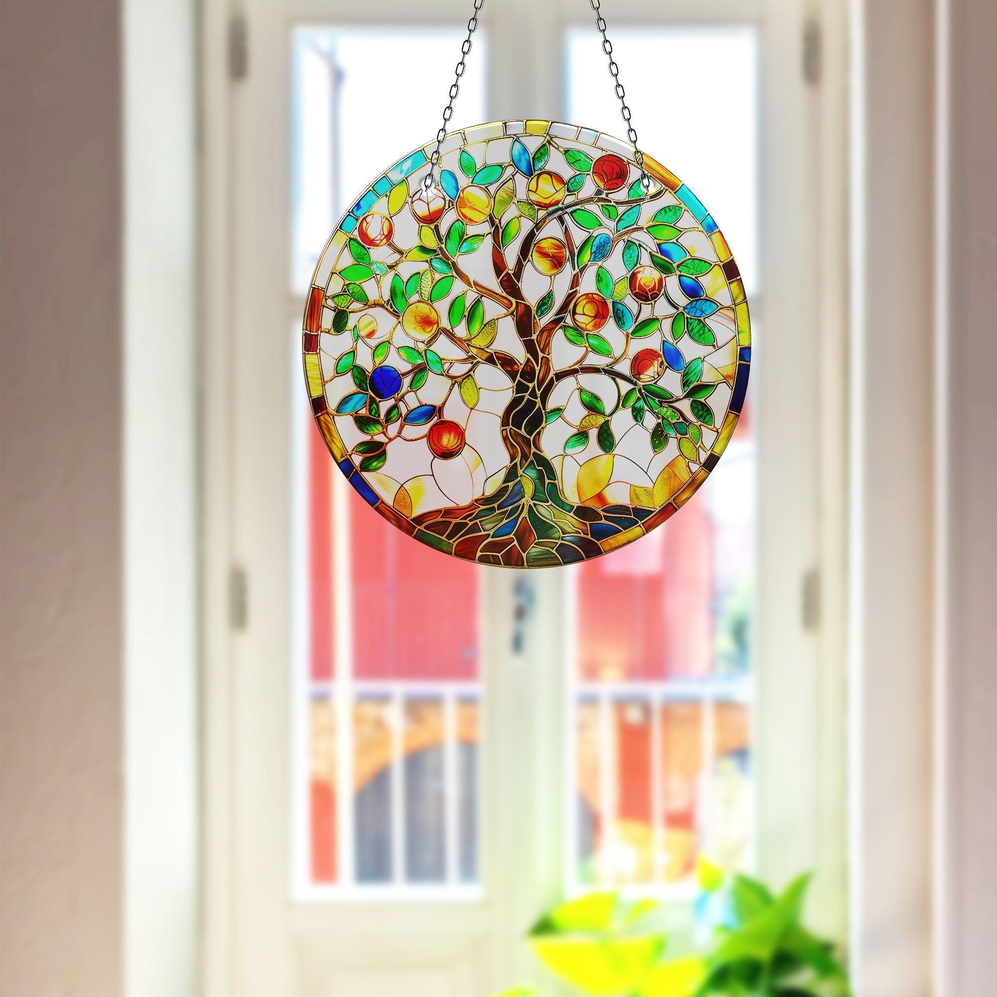 Vibrant Tree of Life Suncatcher - Handmade Stained Glass Window Decor for Home, Office & Garden - Perfect for Gifts, Meditation Spaces & Boho Room Aesthetics