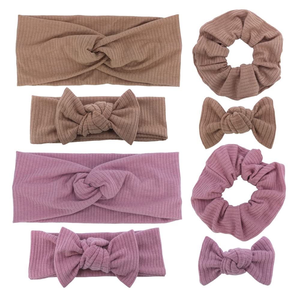 Mommy and Me Headband Set - Matching Turban Headbands for Women & Toddler Girls - Soft Scrunchies Hair Bows in Mauve & Latte - Perfect for Family Photos, Baby Showers & Mother-Daughter Outfits