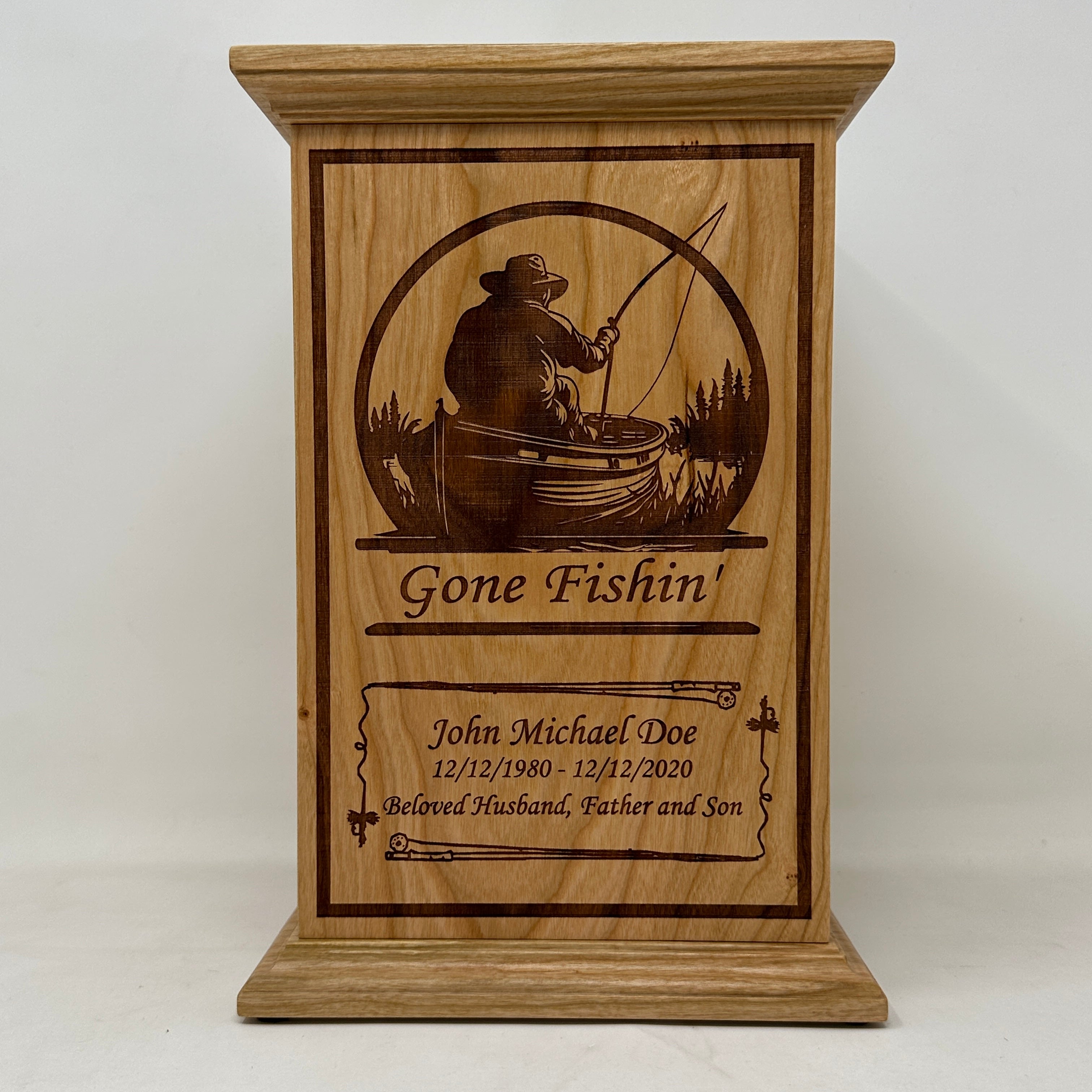 Premium Cherry Wood Fishing Urn - Handcrafted Memorial Keepsake for Anglers & Outdoor Enthusiasts | Perfect for Home Display, Memorial Services & Outdoor Tributes