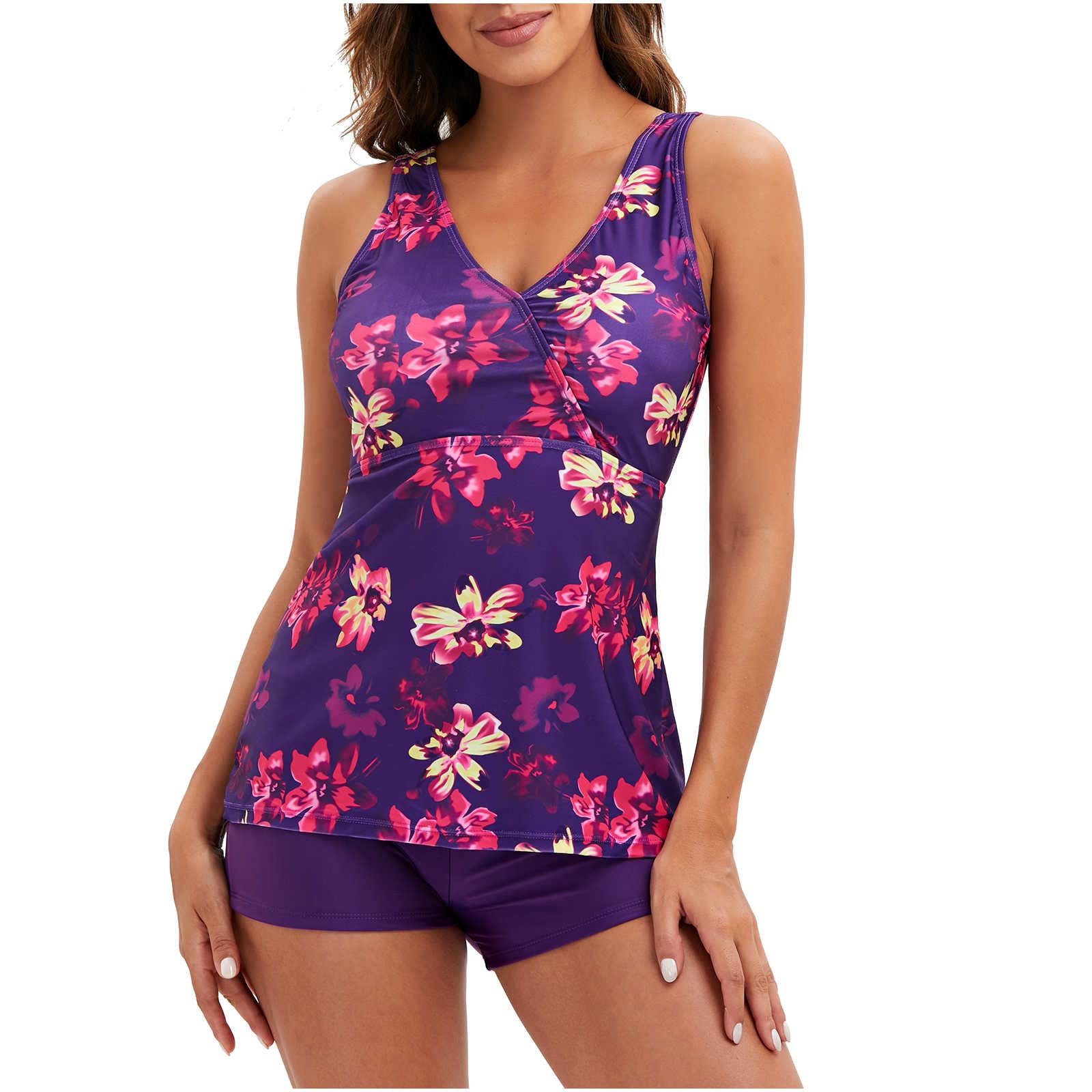 Women's Floral Cutout Boxer Swim Shorts - High Waist Bikini Bottoms with Side Splits for Beach & Pool