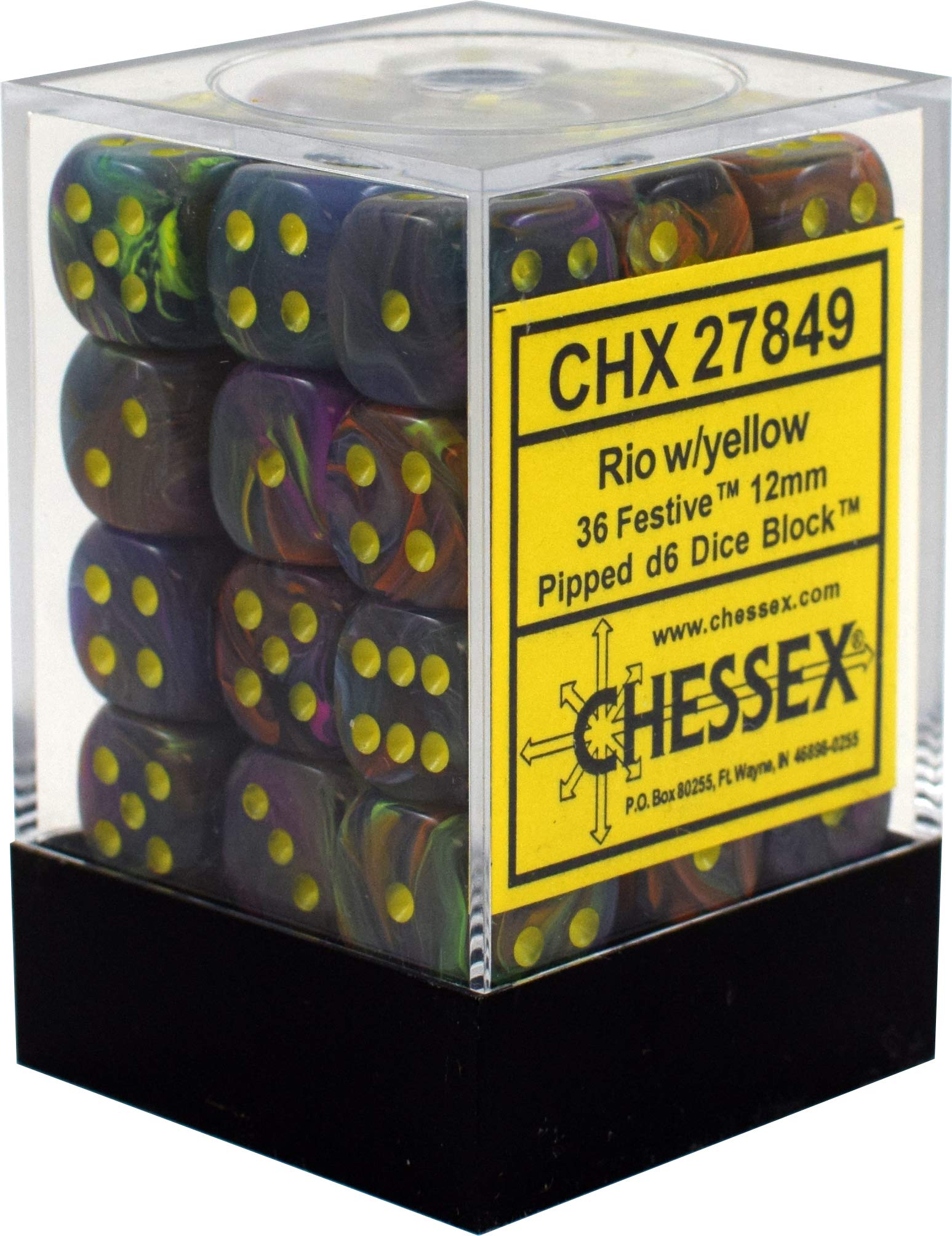Festive Rio Marble Swirl Chessex Dice Set - 12mm Six-Sided d6 with Yellow Pips (36-Piece Block) | Perfect for D&D, RPGs, Board Games & Collectors