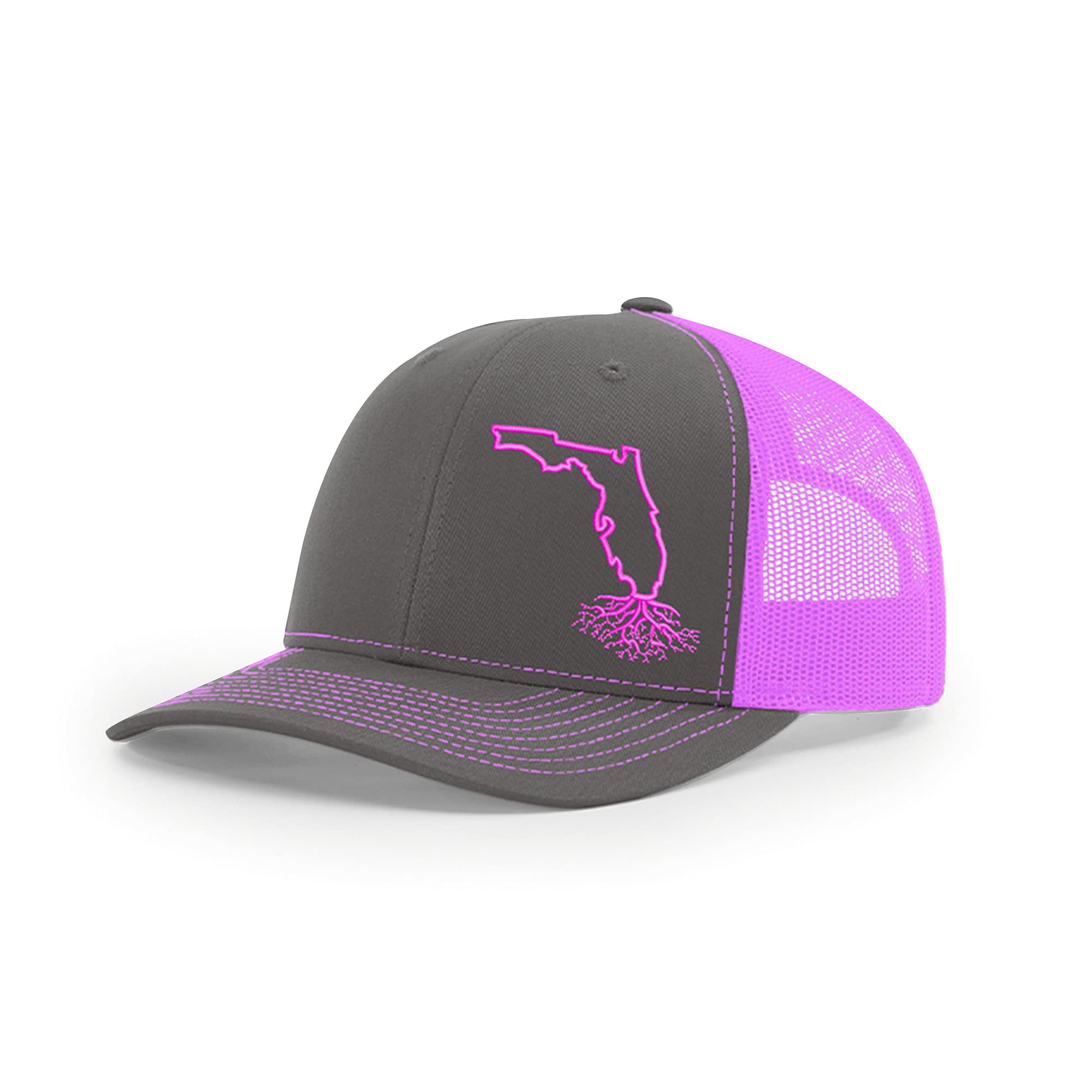 Florida Roots Snapback Hat - Stylish Unisex Baseball Cap with Mesh Back, Polyester Cotton Blend, Six-Panel Trucker Design, Universal Fit (Charcoal & Pink) - Perfect for Outdoor Activities, Sports & Casual Wear