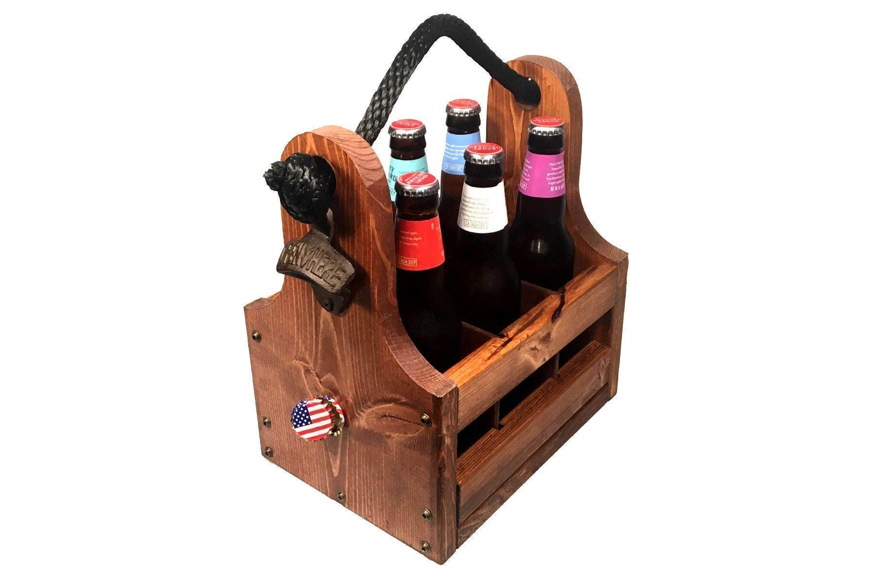 Personalized Wooden Beer Caddy with Bottle Opener & Magnetic Cap Catcher - Handmade Rustic 6-Pack Carrier, Custom Monogram & Date Gift for Men - Perfect for BBQ, Tailgating, Camping & Father's Day