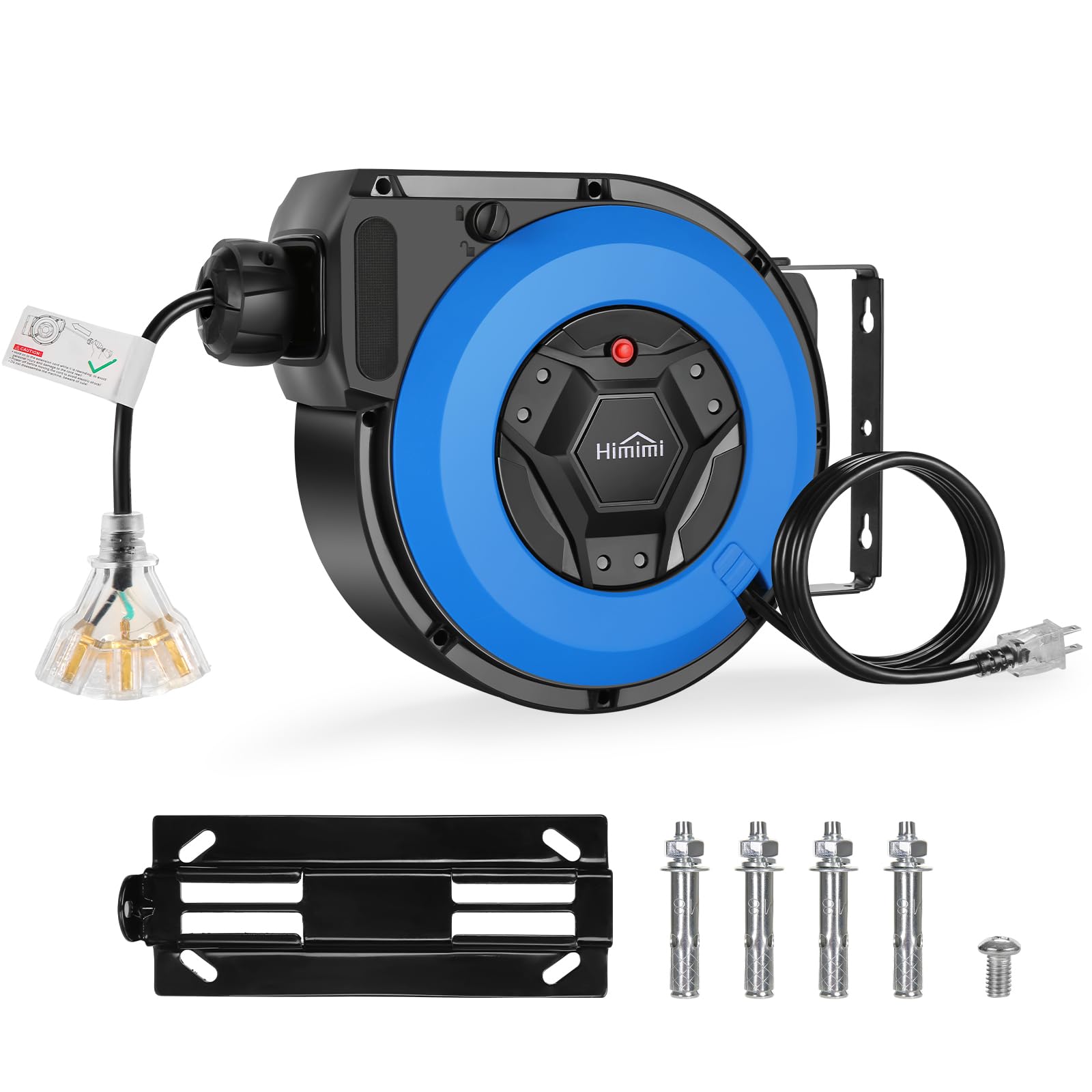 50FT+6.5FT Retractable Extension Cord Reel with 3-Lighted Outlets - Wall/Ceiling Mounted 14AWG/3C SJTOW Power Cord for Garage & Workshop - 13A Circuit Breaker & Security Lock - UL Listed - Ideal for Power Tools, Workshop Equipment & Home Use