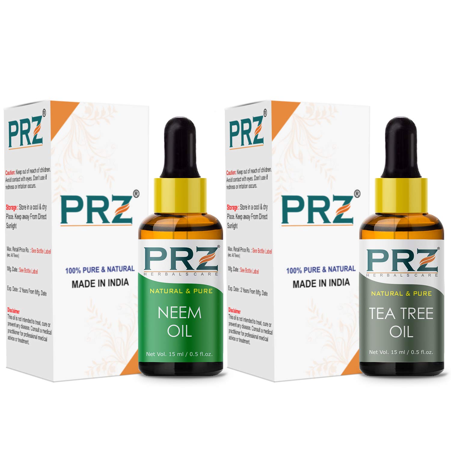 PRZ Cold Pressed Neem Oil & Tea Tree Essential Oil Combo - 100% Pure Natural Therapeutic Grade for Aromatherapy, Massage, Skin & Hair Care (15ML Each) | Perfect for DIY Beauty, Relaxation & Scalp Treatment