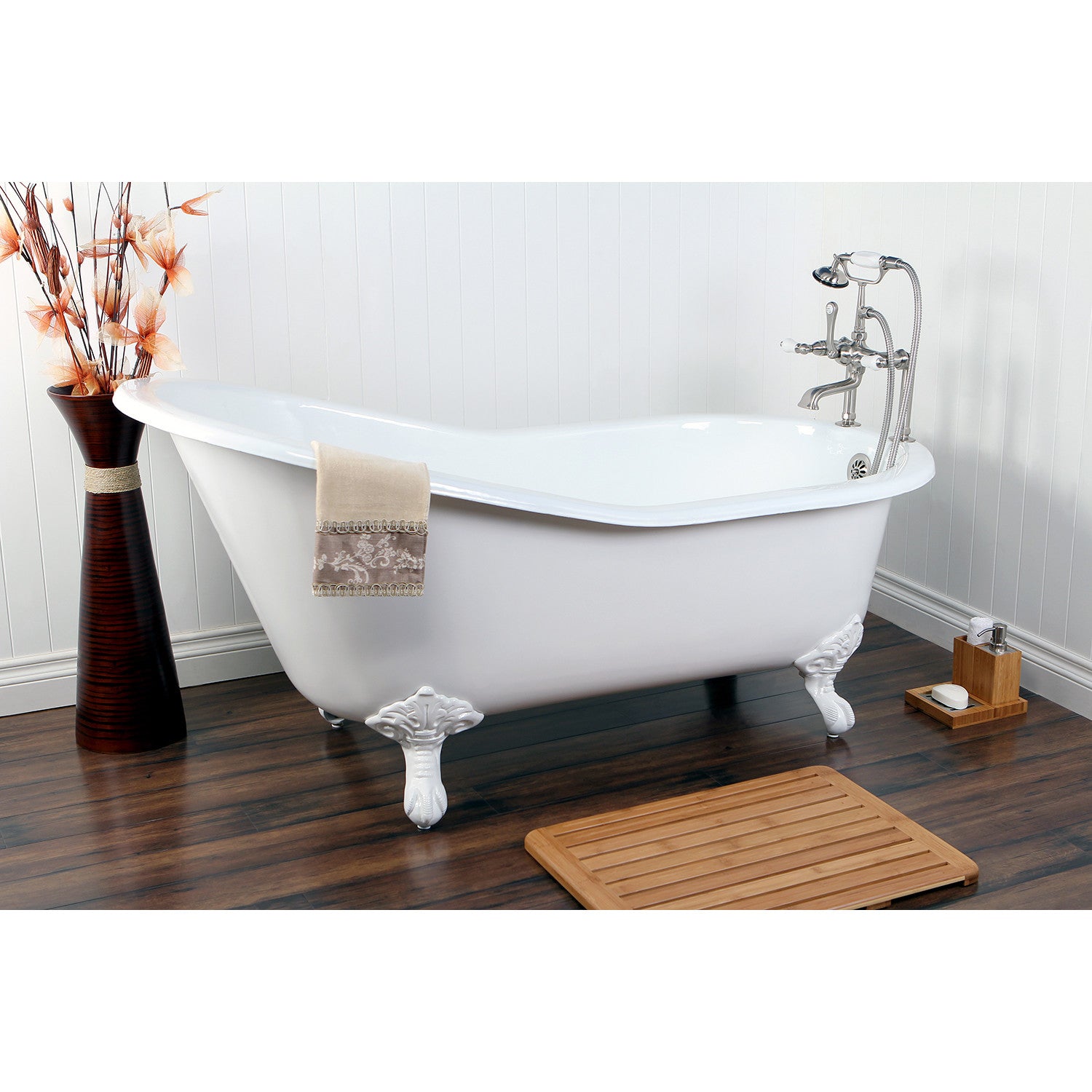 Aqua Eden 61 Inch White Cast Iron Oval Single Slipper Clawfoot Bathtub with 7 Inch Faucet Drillings - Vintage Freestanding Soaking Tub for Bathroom Remodel & Luxury Spa Experience