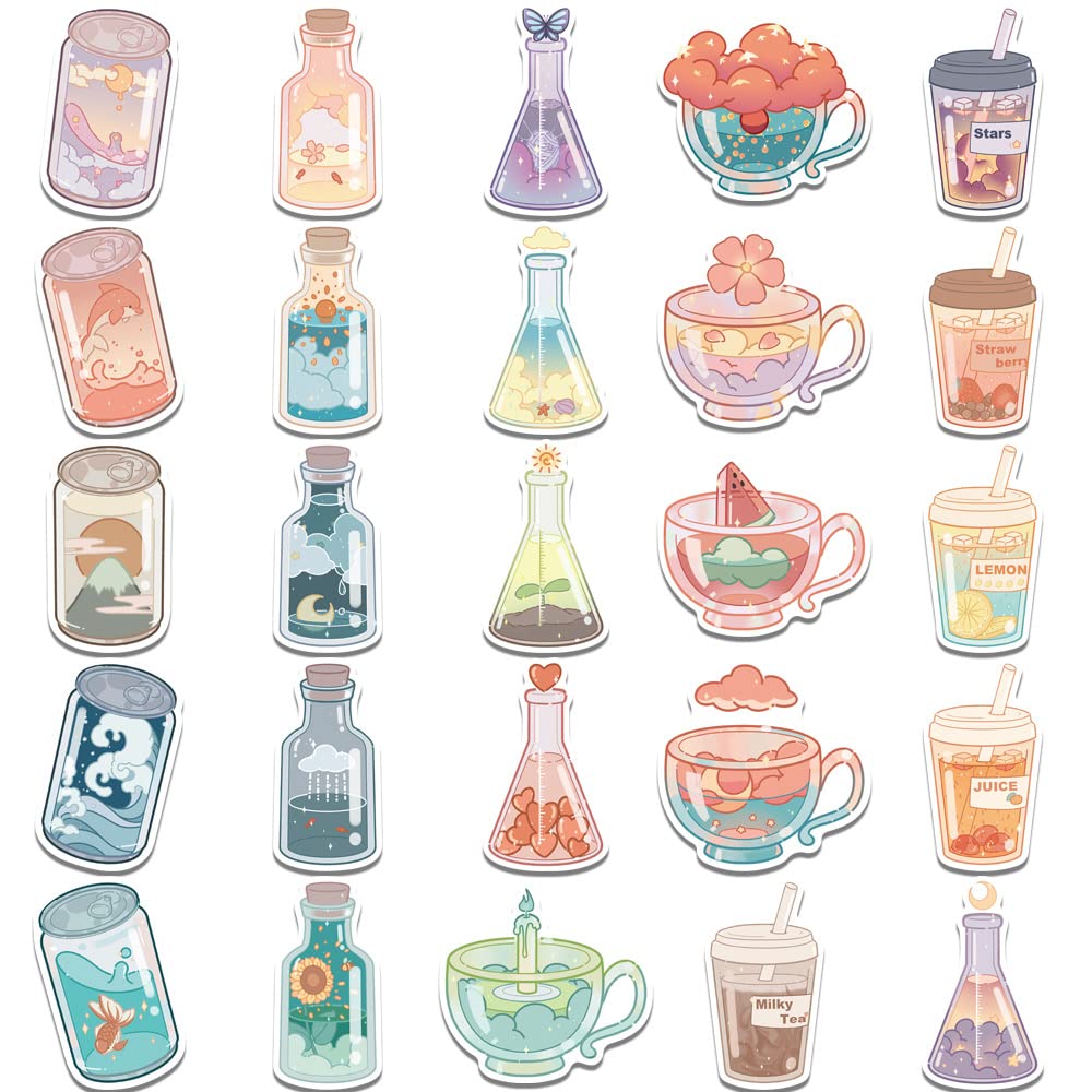 50 Pcs Kawaii Cartoon Drink Stickers - Waterproof Aesthetic Decals for Water Bottles, Laptops, Phone Cases - Perfect for Scrapbooking, Journaling & DIY Decor - Trendy Kawaii Stickers for Teens, Students & Office Use