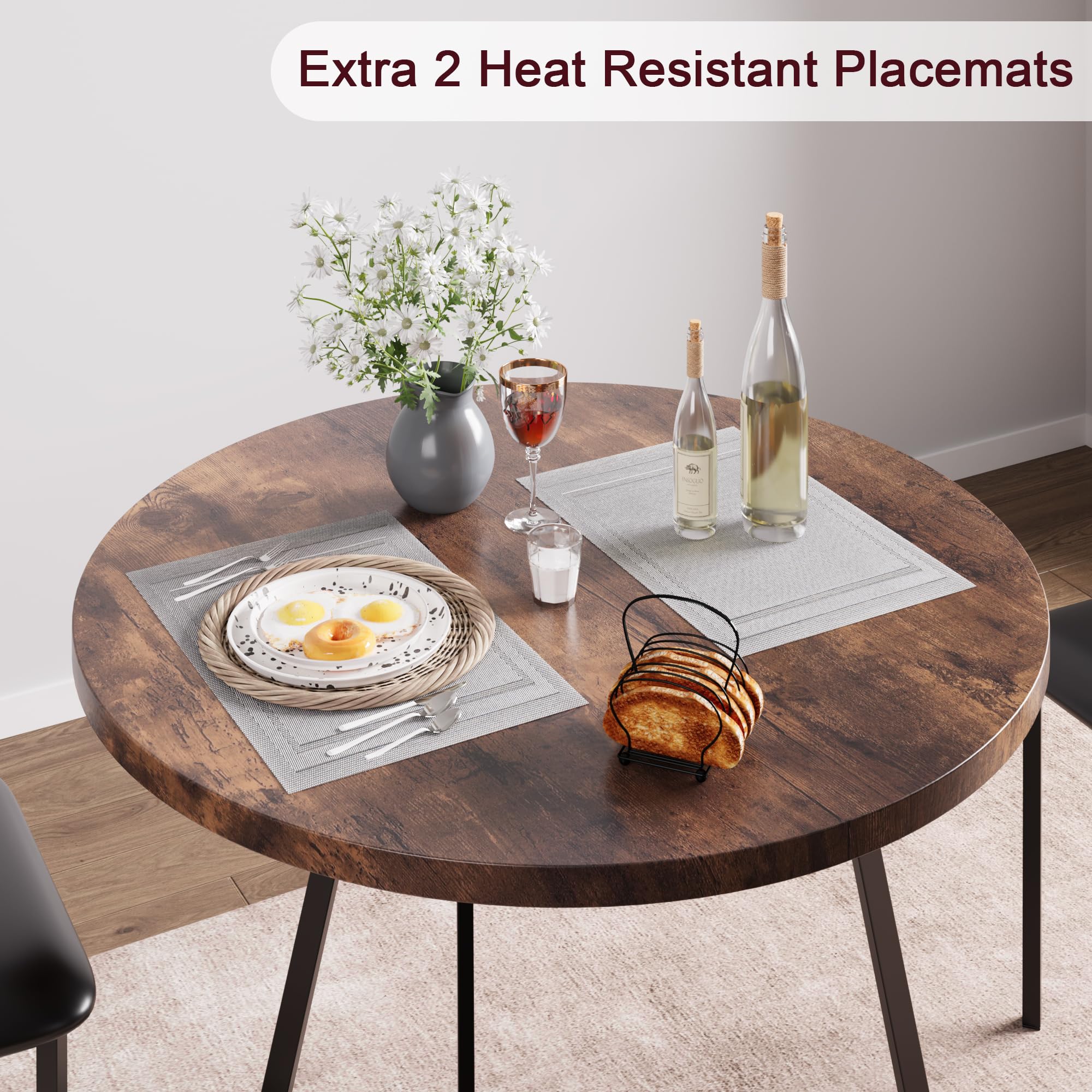 GAOMON 3-Piece Round Dining Table Set for 2 with Upholstered Chairs - Small Space Kitchen Table & Chairs for Apartments & Studios - Rustic Brown Finish - Perfect for Breakfast Nooks, Cozy Meals & Small Dining Areas
