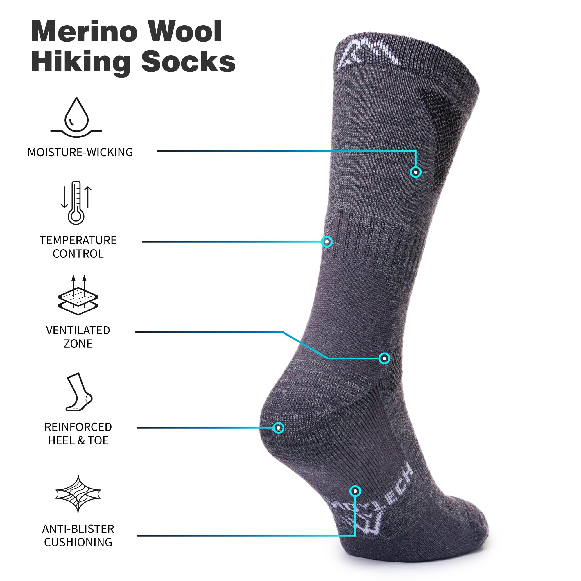 Premium Merino Wool Hiking Socks for Men & Women - Breathable Moisture-Wicking Sport Socks for Outdoor Adventures - Thick & Thin Unisex Hiking Socks for Trekking, Camping & Cold Weather Activities