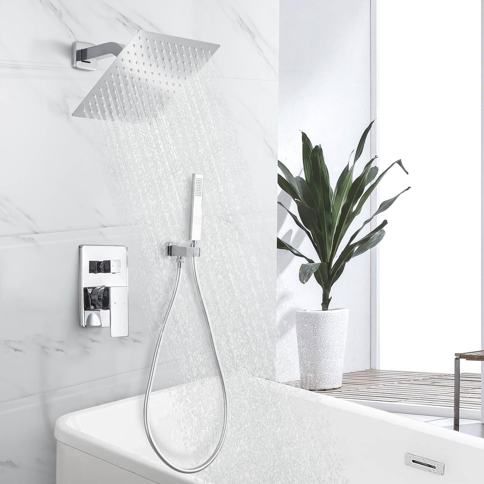 Luxury 10 Inch Wall Mounted Rain Shower System with Handheld Shower - Chrome Bathroom Faucet Set with Rough-in Valve & Trim Kit for Spa-Like Shower Experience