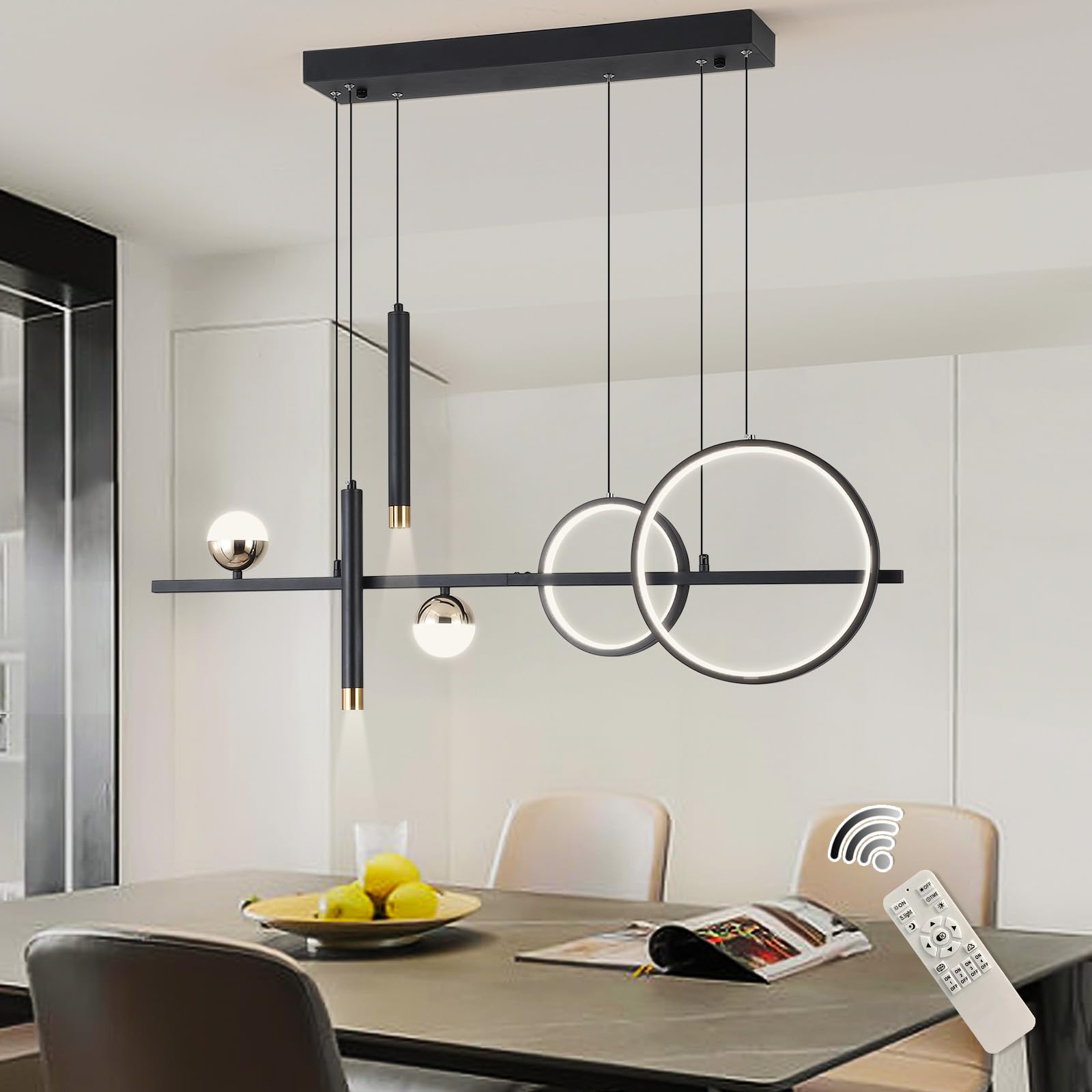 Modern LED Pendant Lights - Dimmable 39-inch Linear Wave Chandelier in Black & Gold, 2700lm Warm White Lighting for Dining Room, Kitchen Island & Table Decor | Energy-Efficient Hanging Fixture for Home & Restaurant Interior Design