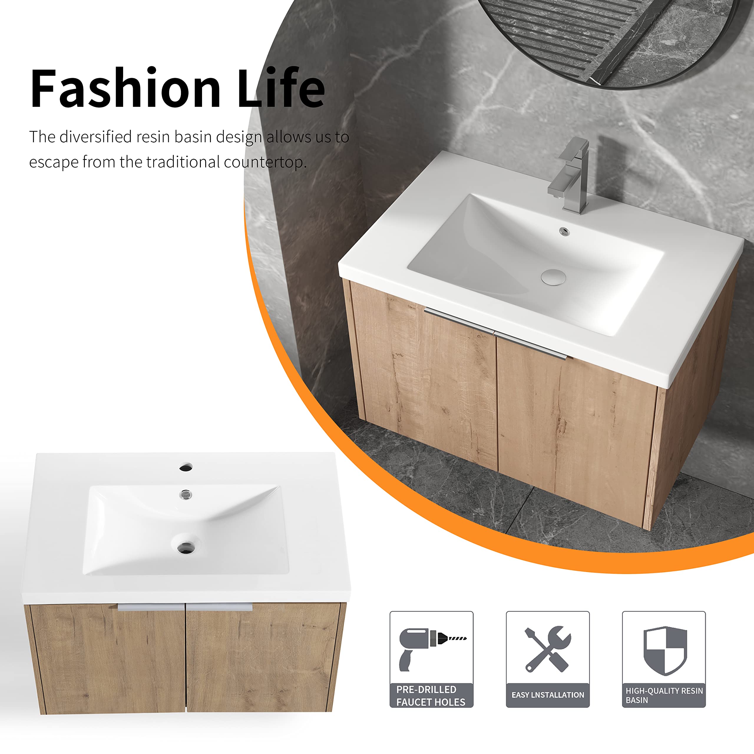 30 Inch Modern Floating Bathroom Vanity with Ceramic Sink & Soft Close Doors - Wall Mounted Storage Cabinet for Small Bathrooms, Powder Rooms & Contemporary Home Decor (Brown Finish)