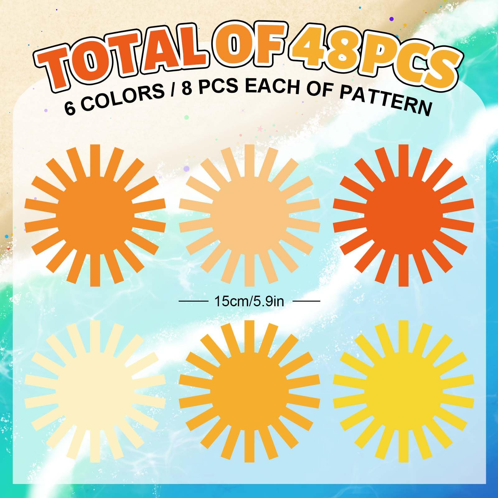 Boho Sun Cutouts - 48Pcs Groovy Sun Paper Cut-Outs with 100 Glue Points for DIY Craft, Summer Bulletin Board Decor, First Birthday Party, Classroom Wall Decoration, Baby Shower & Home Decor Supplies